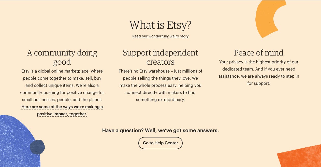 Screenshot from multi-vendor marketplace Etsy's landing page value propositions.