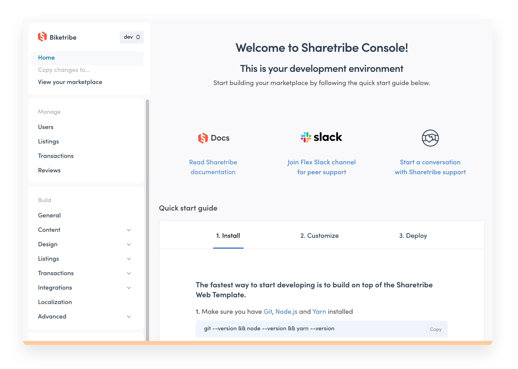 The Sharetribe Console development environment welcome page with links to documentation, Slack, and support. On the left, a sidebar with all the tools.