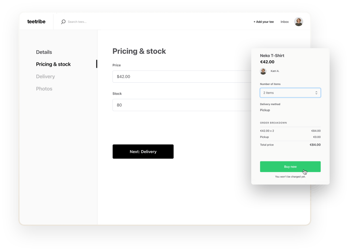 The pricing and stock step in the t-shirt listing creation flow. The supplier has added 80 items in stock. Overlaid is a purchase form for the same t-shirt. Someone is about to buy two t-shirts.