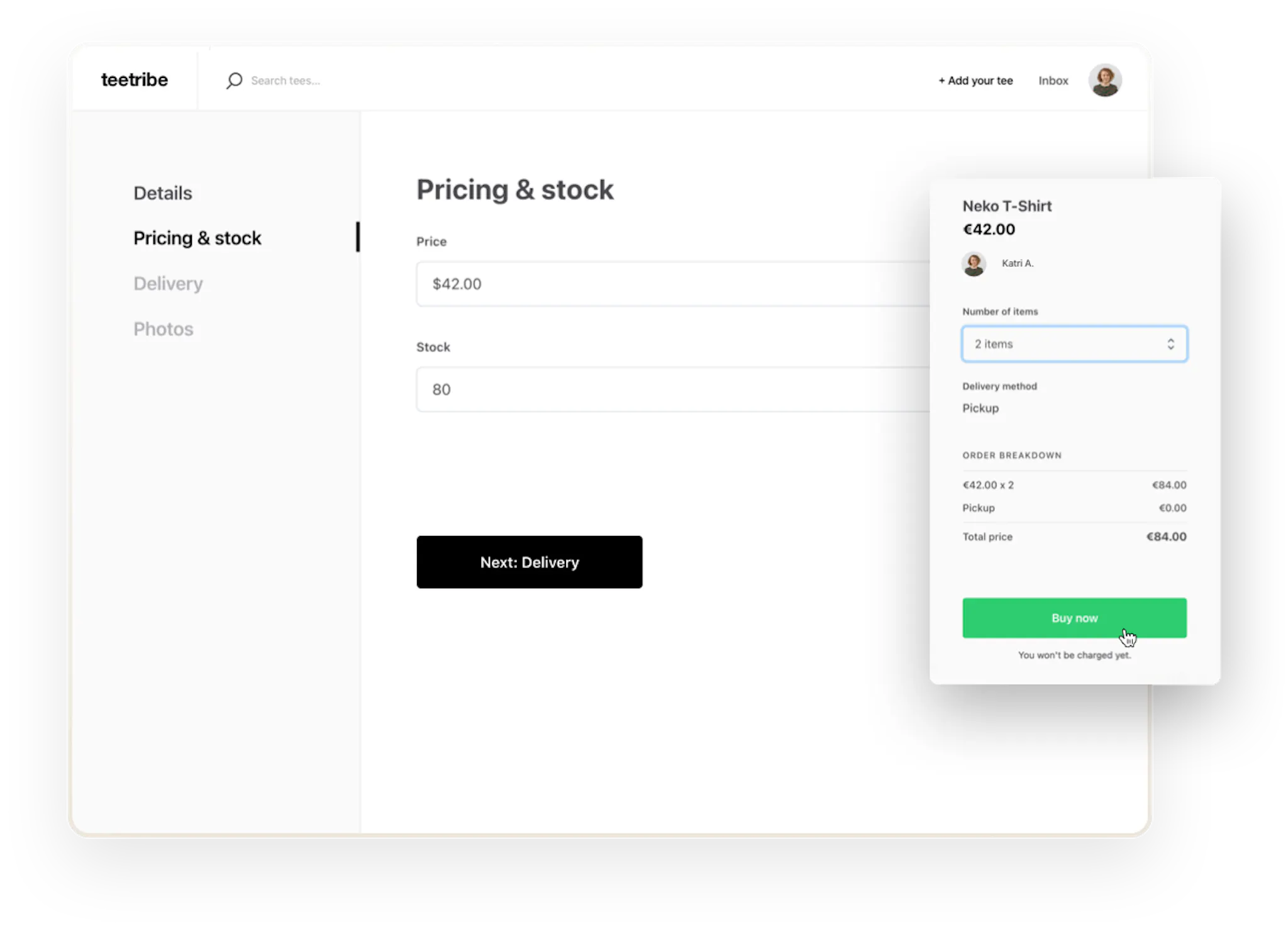 The pricing and stock step in the t-shirt listing creation flow. The supplier has added 80 items in stock. Overlaid is a purchase form for the same t-shirt. Someone is about to buy two t-shirts.