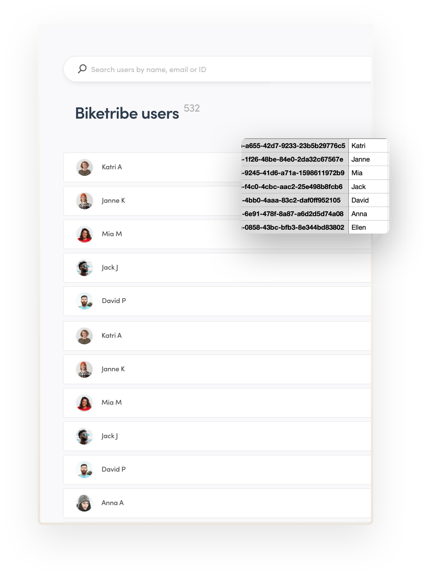 Sharetribe Console opens to the user management page. There are multiple user cards on the page. Overlaid on top is an image of a small section of a CSV file with corresponding user data.