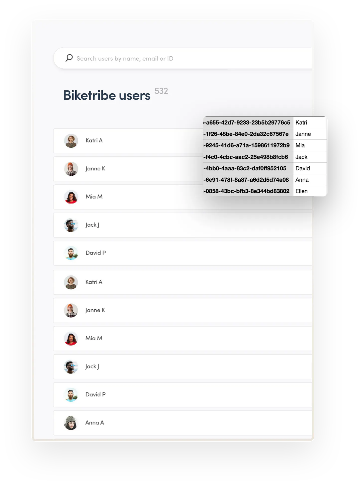 Sharetribe Console opens to the user management page. There are multiple user cards on the page. Overlaid on top is an image of a small section of a CSV file with corresponding user data.