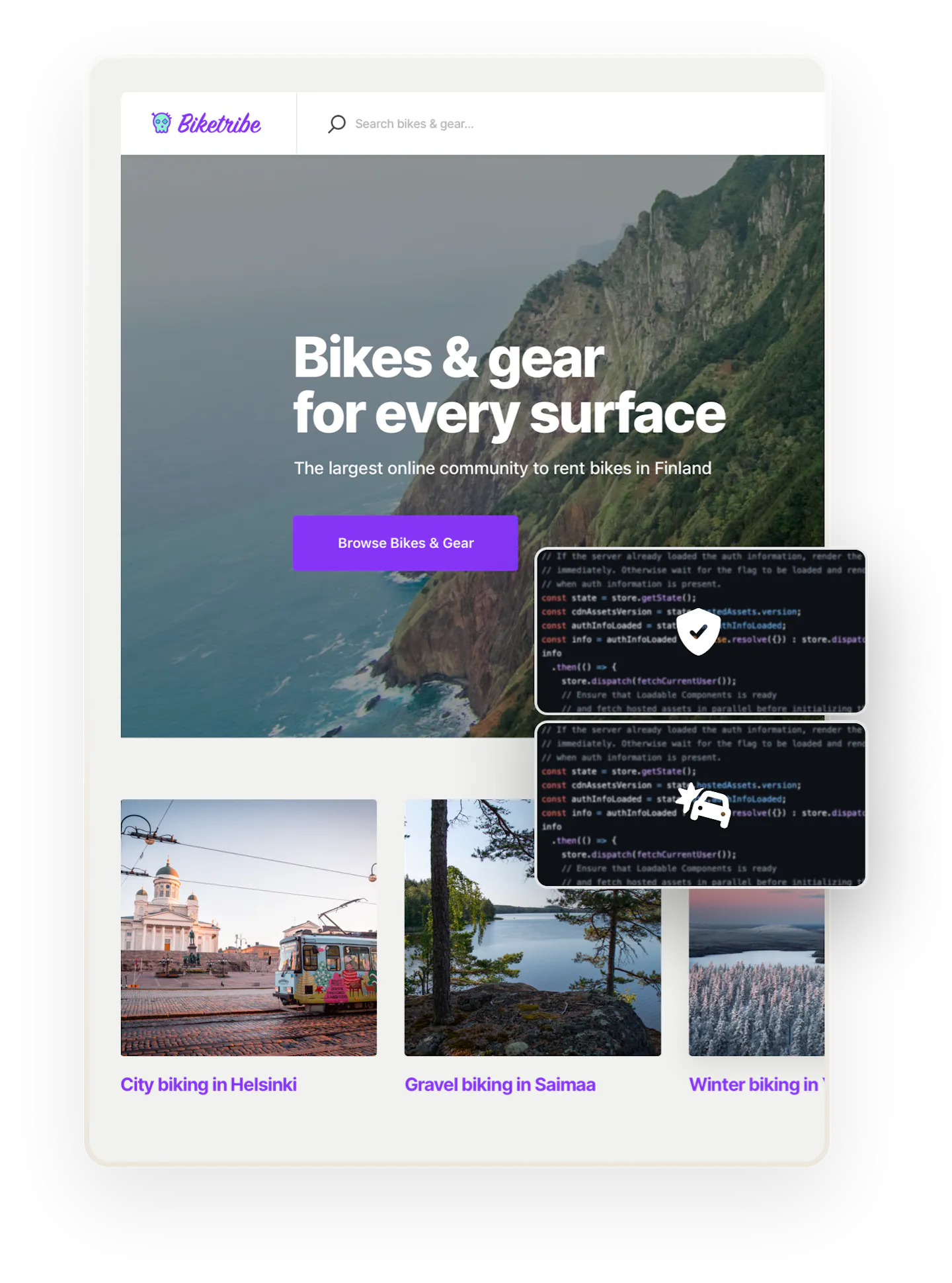 A snapshot of the Biketribe marketplace home page. The page says "Bikes and gear for every surface!" Overlaid on top are two boxes showing code, a shield symbol, and a car accident symbol.