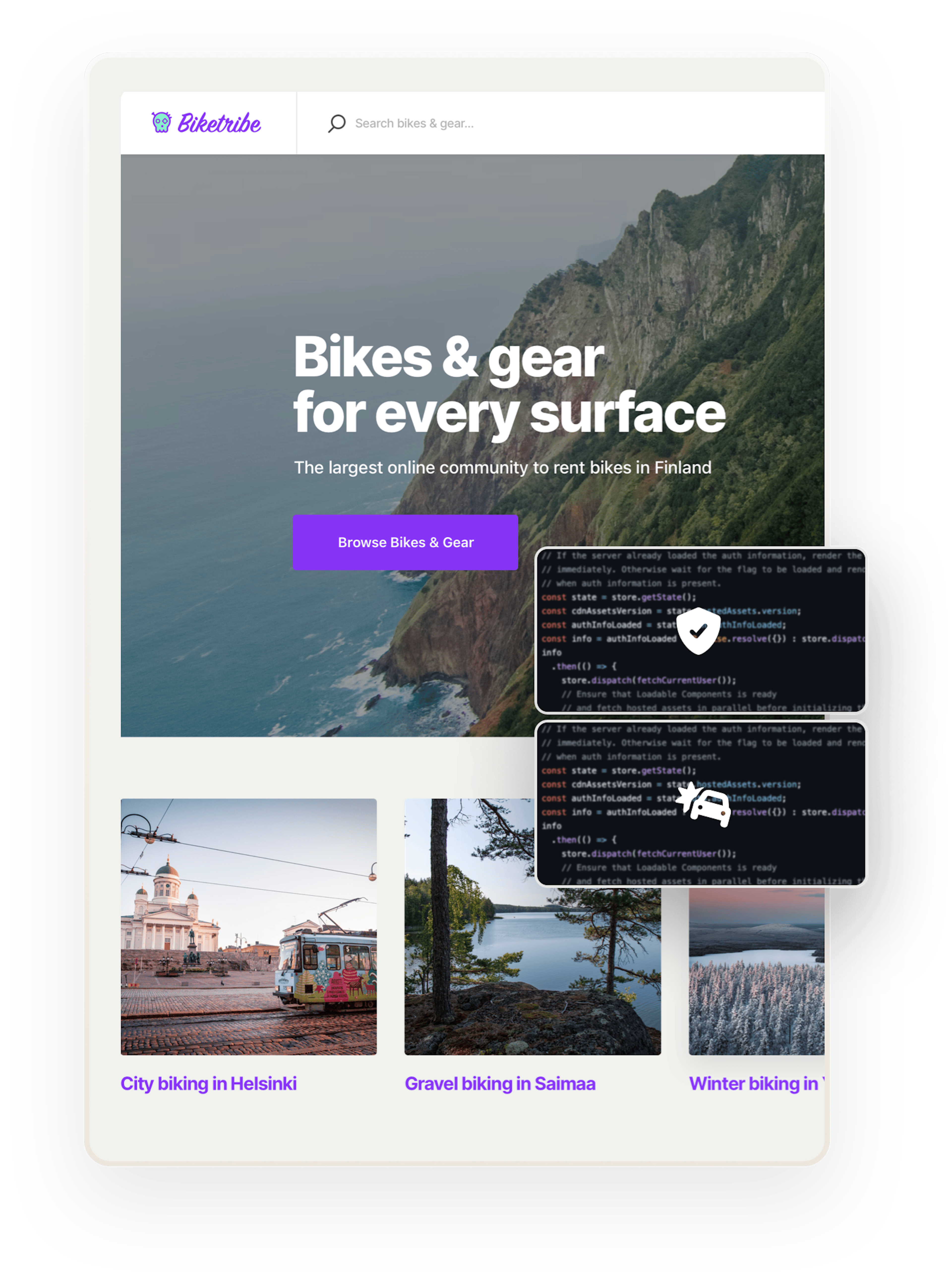 A snapshot of the Biketribe marketplace home page. The page says "Bikes and gear for every surface!" Overlaid on top are two boxes showing code, a shield symbol, and a car accident symbol.