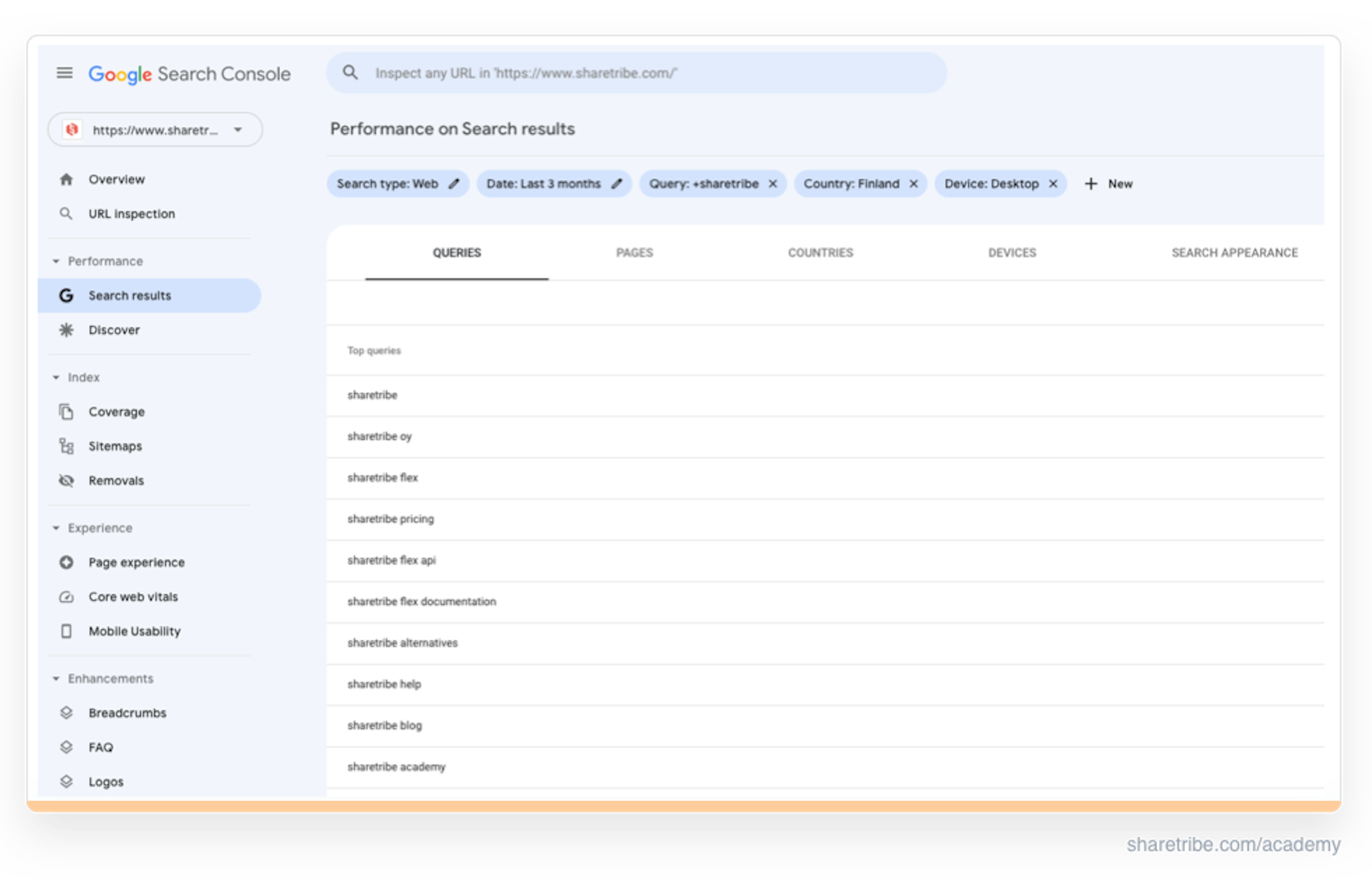 Screenshot of Google Search Console Search results view.