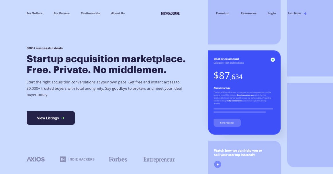 Screenshot of Microacquire's online marketplace design showing logos of IndieHackers and Forbes.
