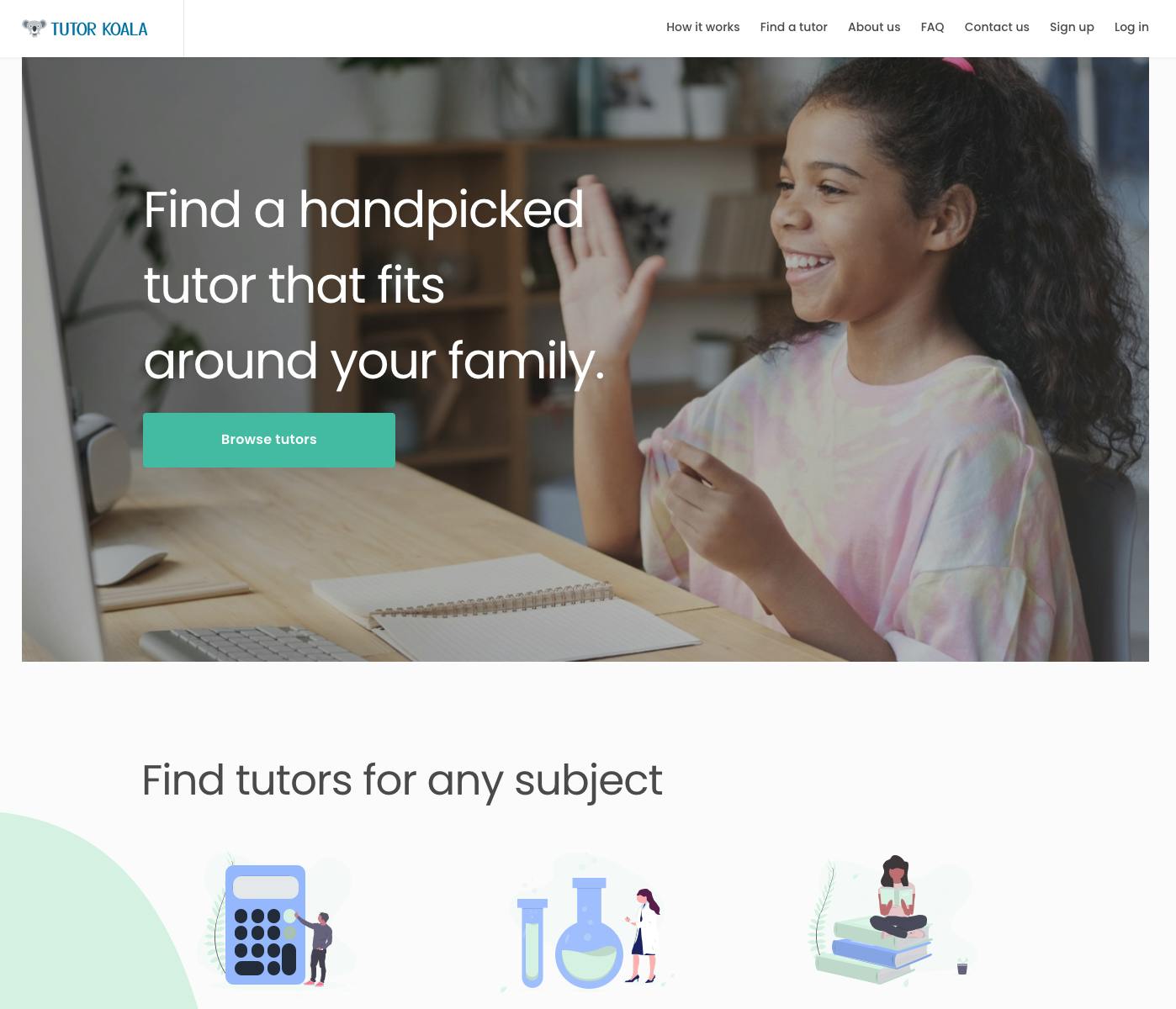 Landing page screenshot of the peer-to-peer service marketplace Tutor Koala.