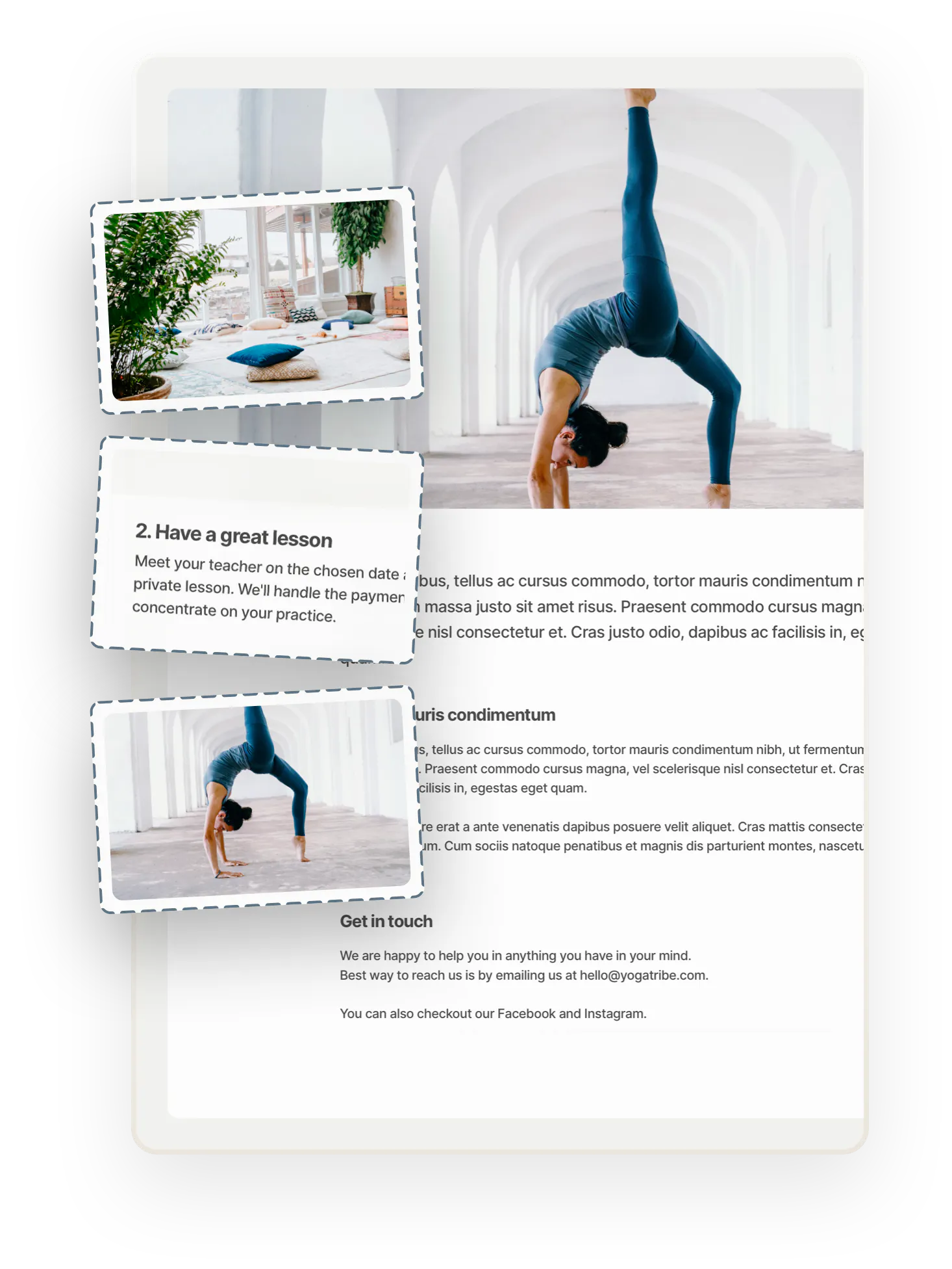 A sample page on a marketplace. At the top, a yogi in wheel pose. Below, there's classic Lorem ipsum text. Images of a yoga studio and a yogi and a box wit text are overlaid on top.