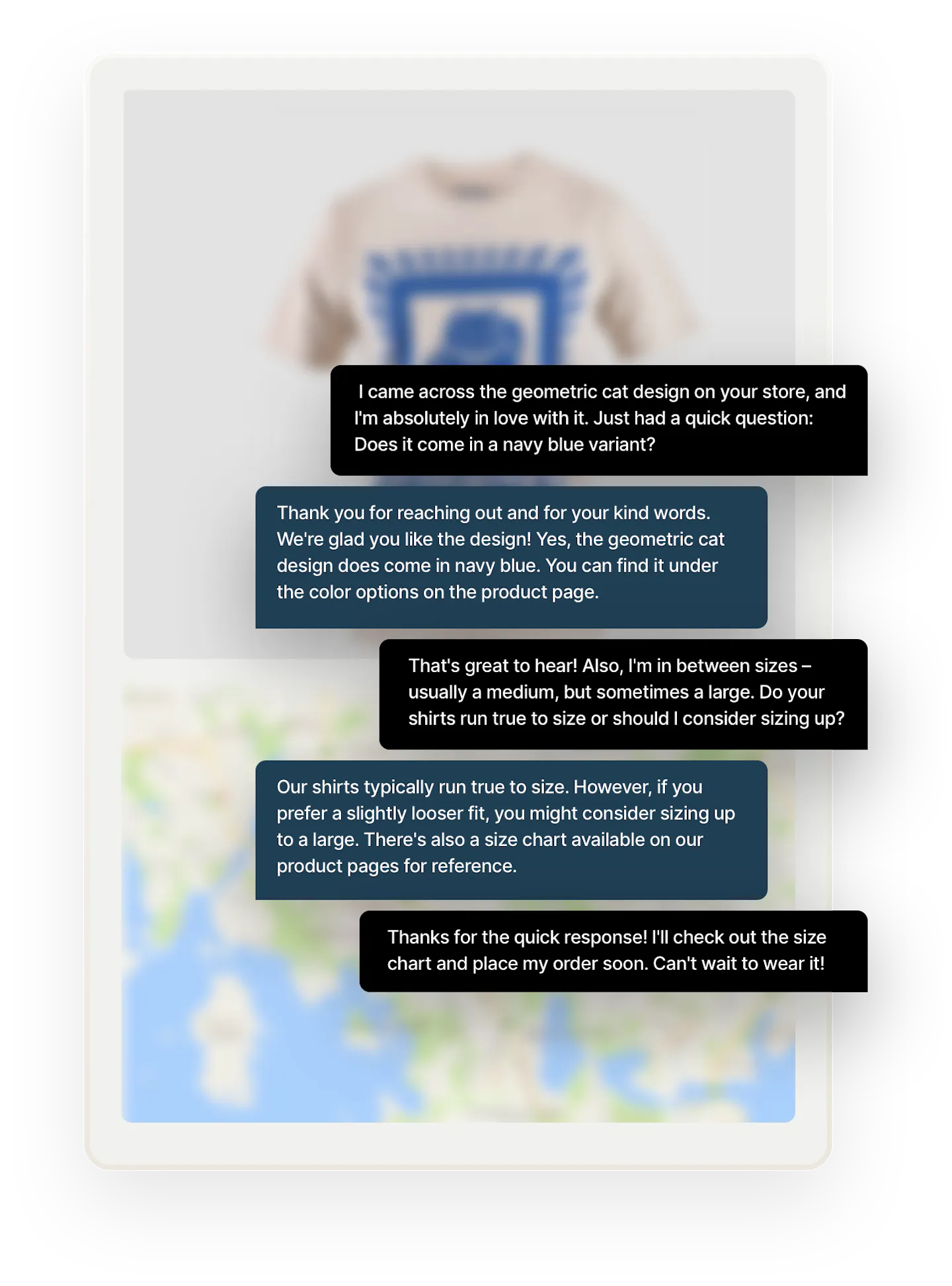 A purchase conversation in chat format between a buyer and a t-shirt seller. They discuss color variations of t-shirts. The buyer is happy and will place an order soon.
