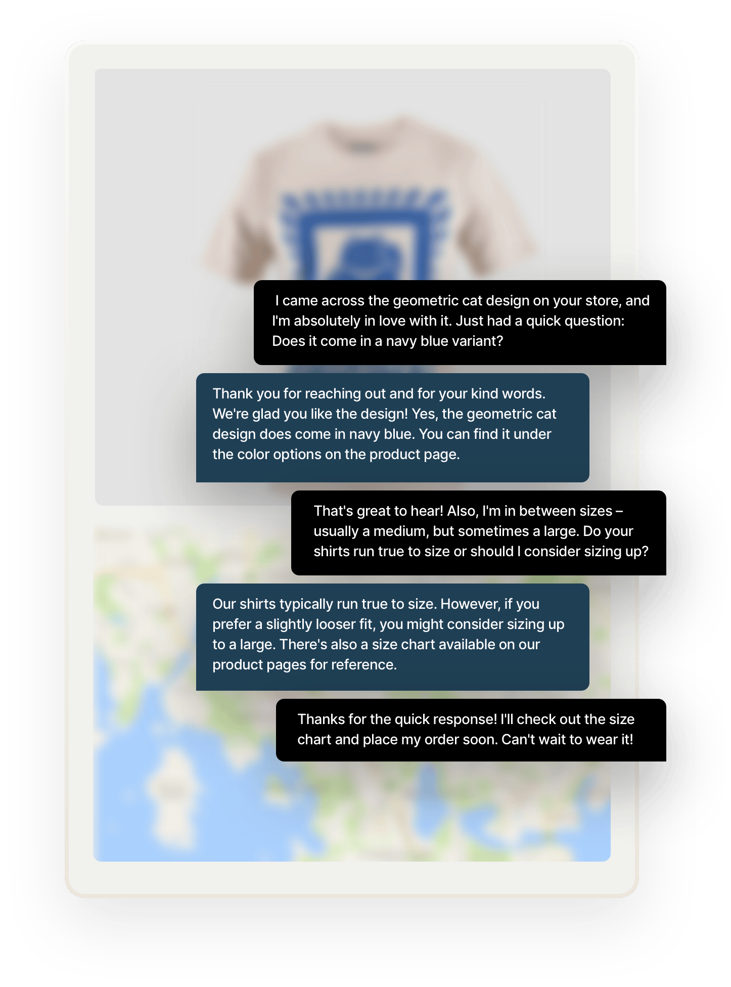 A purchase conversation in chat format between a buyer and a t-shirt seller. They discuss color variations of t-shirts. The buyer is happy and will place an order soon.