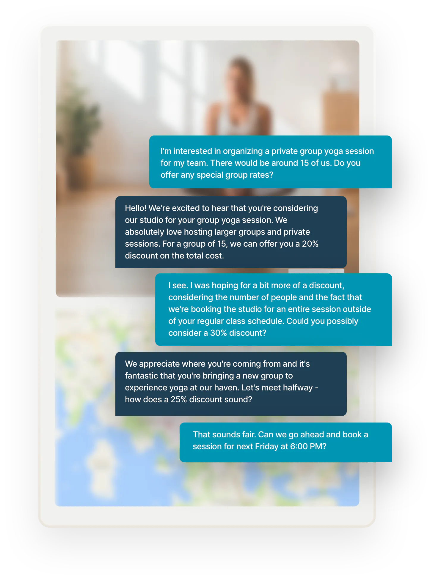 A negotiation in chat form between a prospective customer looking for a private yoga session for their team and a yoga studio. The customer gets a volume discount for bringing in 15 people.