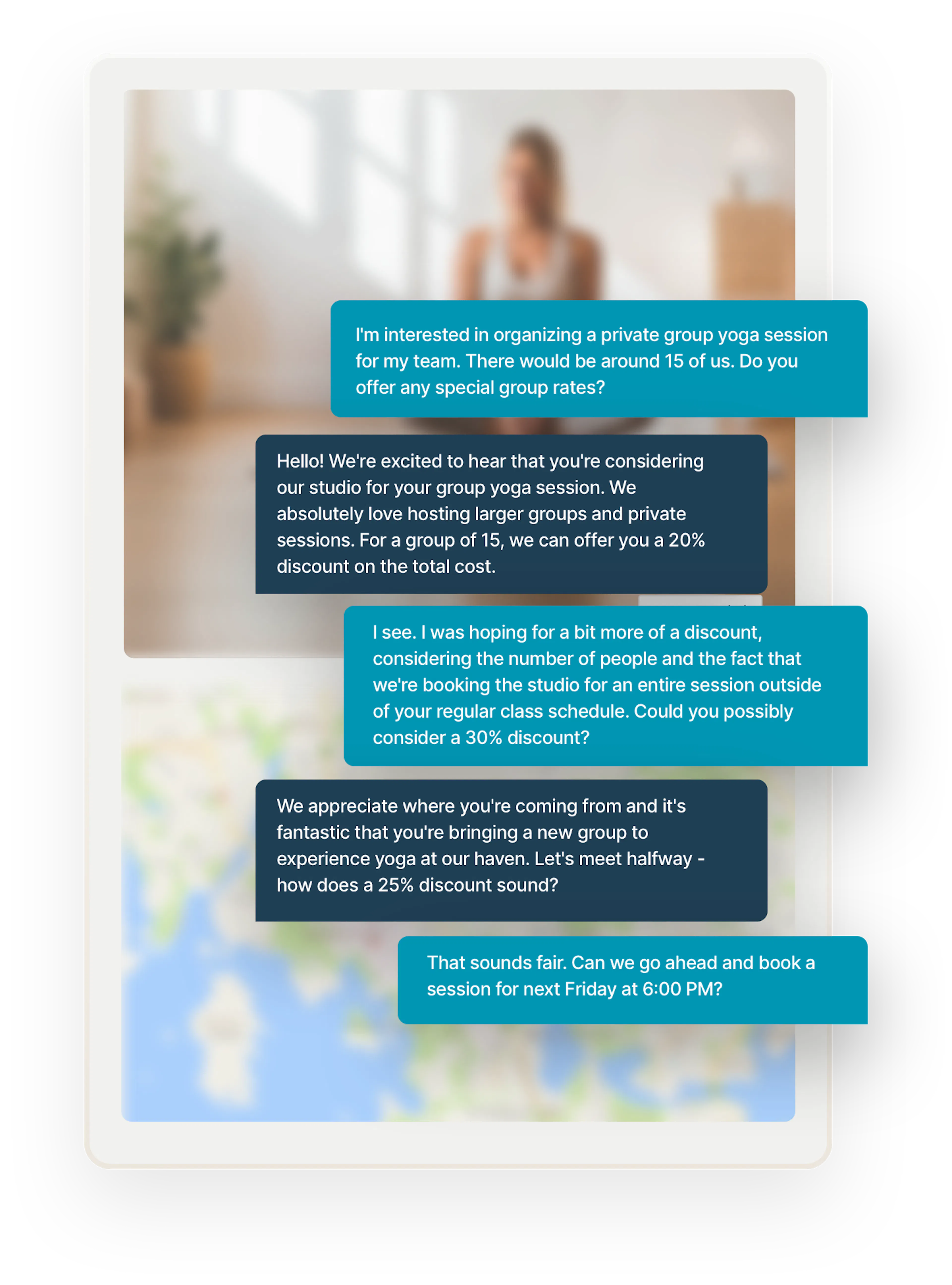 A negotiation in chat form between a prospective customer looking for a private yoga session for their team and a yoga studio. The customer gets a volume discount for bringing in 15 people.