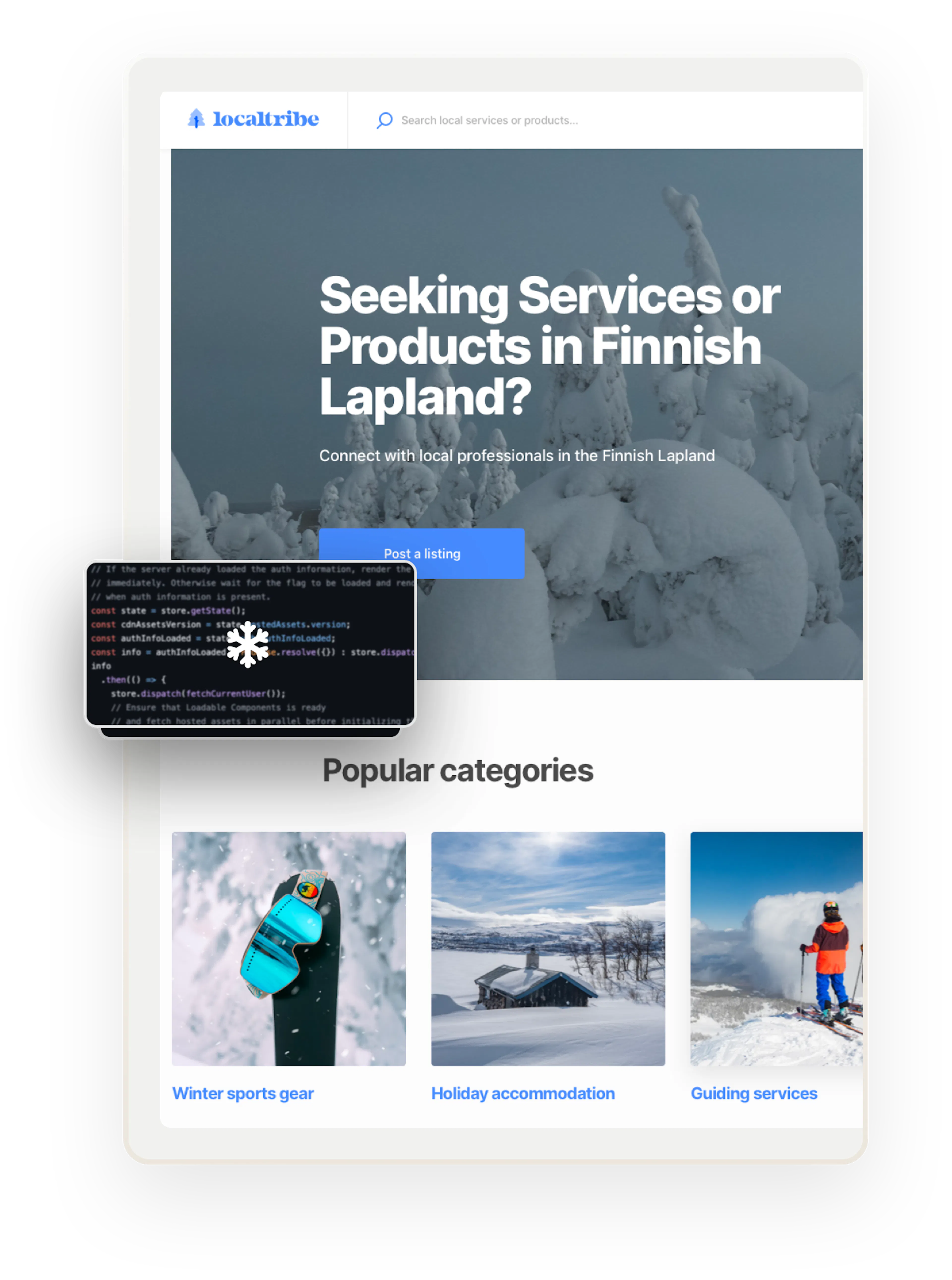 A snippet of code and a snowflake icon.