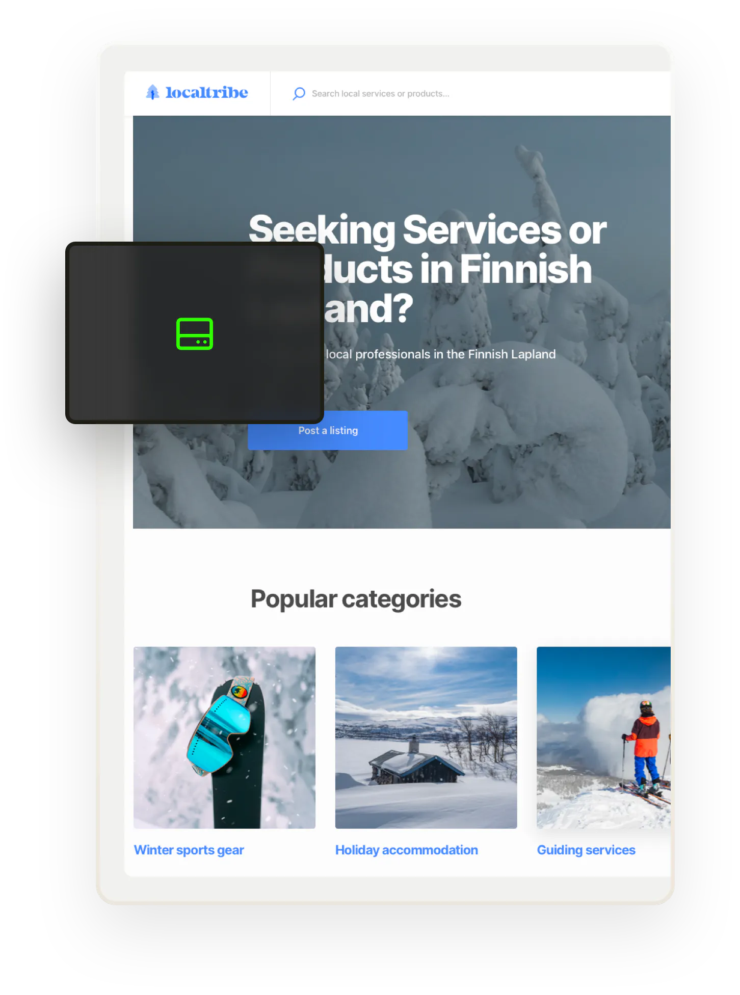 A snapshot of a landing page for Localtribe, a sample marketplace for services, products, and rentals in Finnish Lapland. Overlaid on top is an icon representing a data backup.