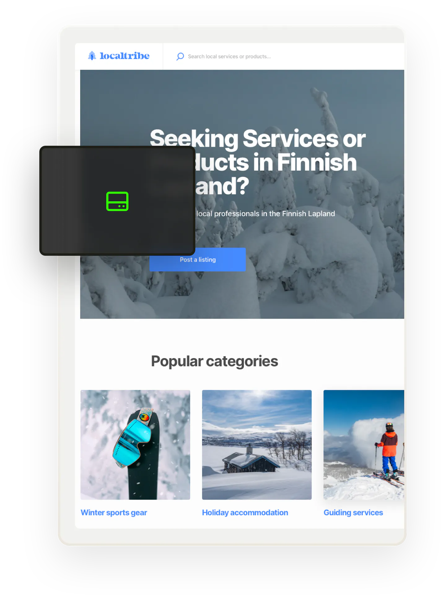 A snapshot of a landing page for Localtribe, a sample marketplace for services, products, and rentals in Finnish Lapland. Overlaid on top is an icon representing a data backup.