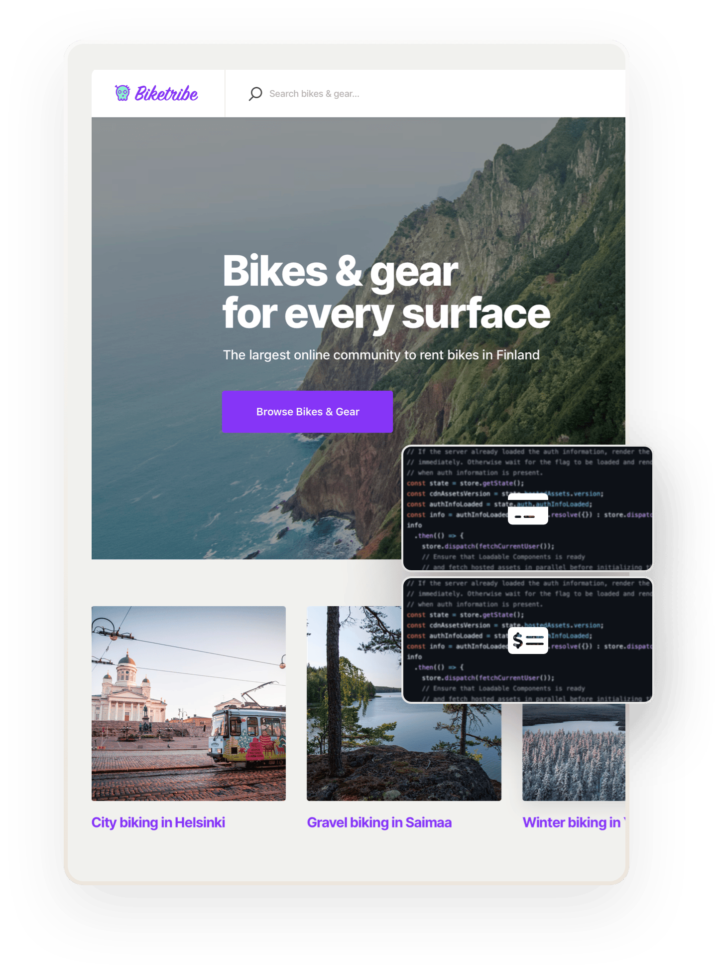 A snapshot of the Biketribe marketplace home page. Overlaid on top are two boxes showing code, a credit card symbol and a cheque symbol.