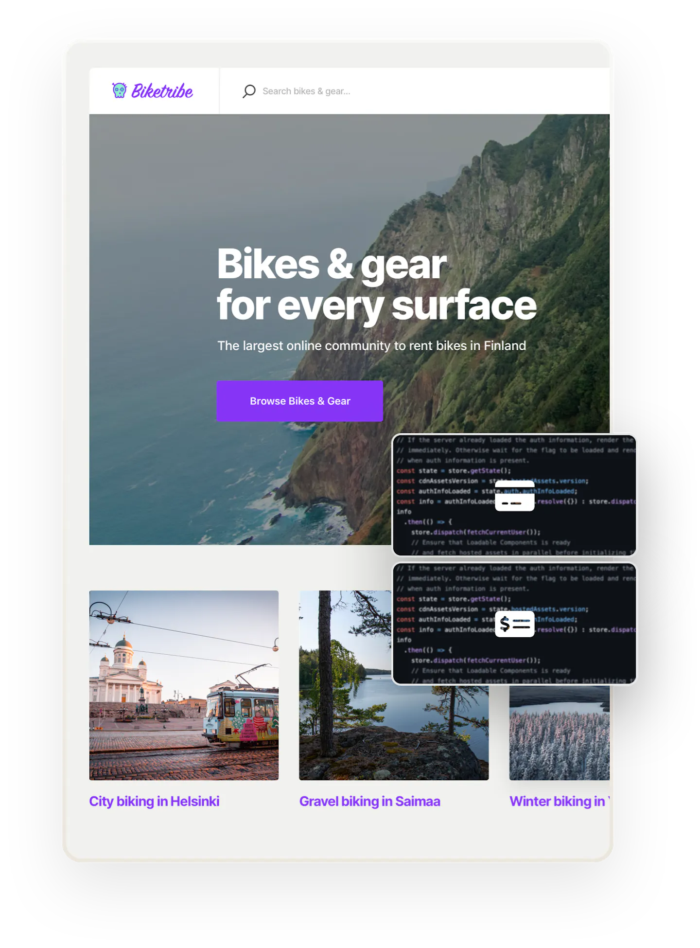 A snapshot of the Biketribe marketplace home page. Overlaid on top are two boxes showing code, a credit card symbol and a cheque symbol.