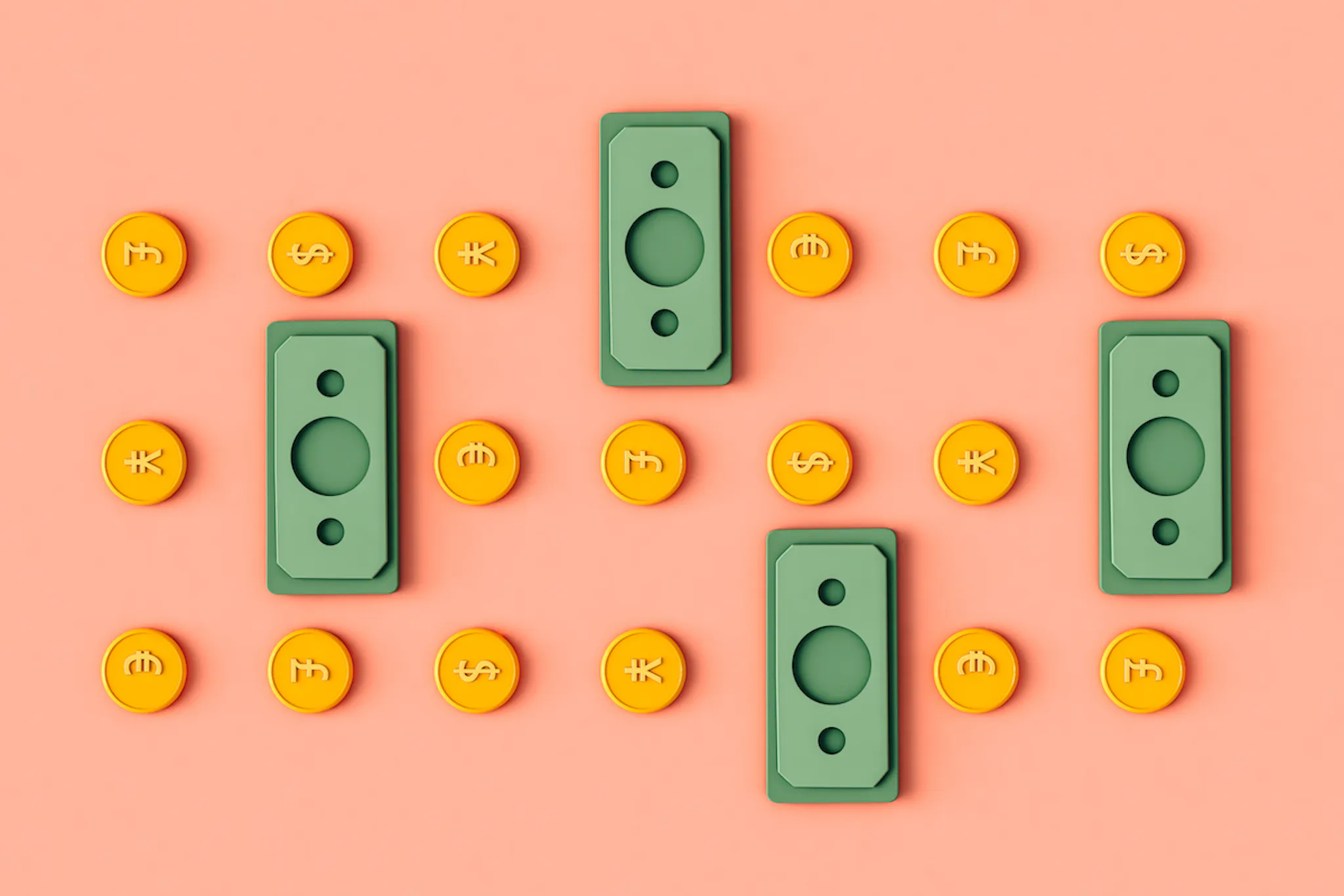 3D coins and bills in three symmetrical rows on pink background