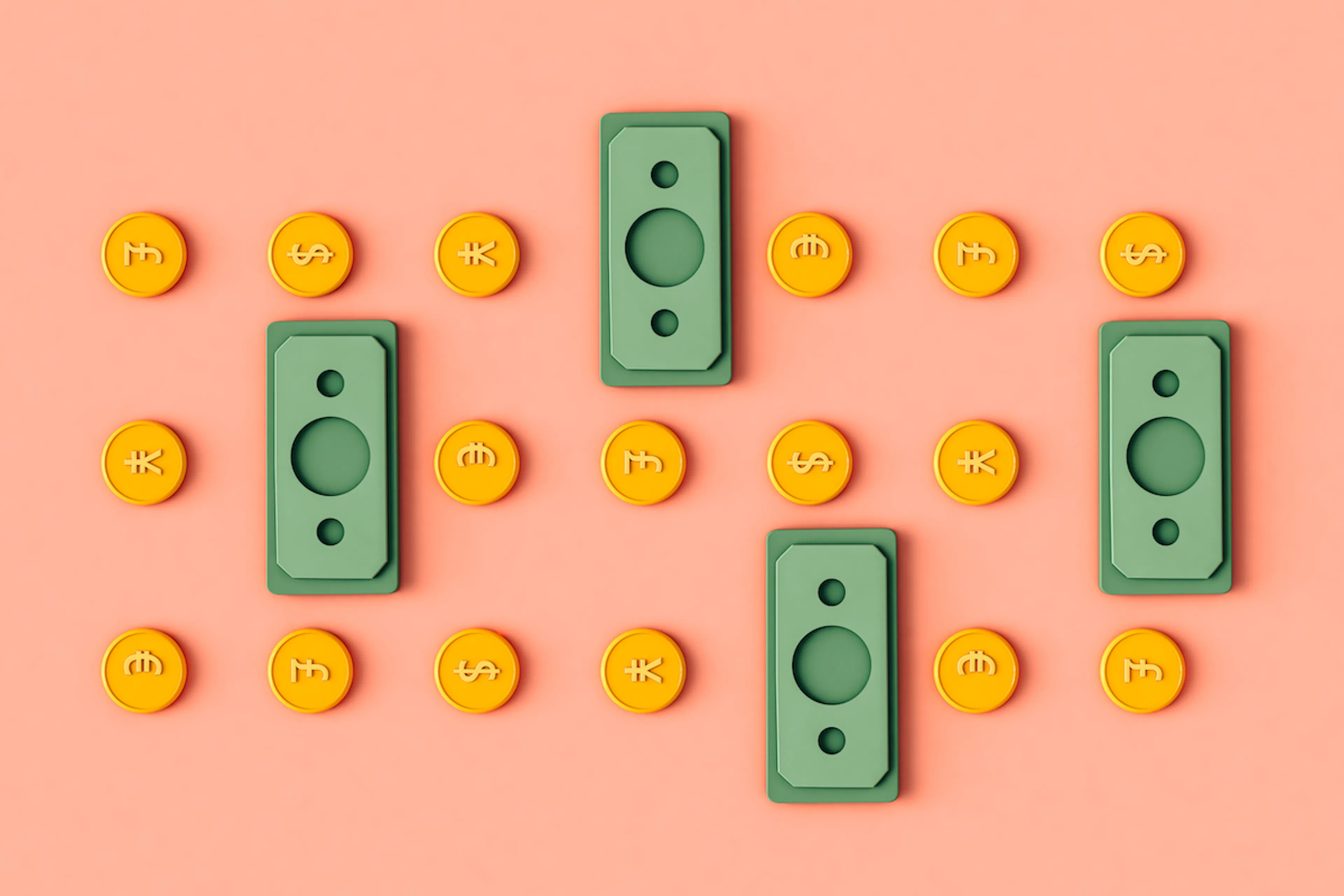 3D coins and bills in three symmetrical rows on pink background