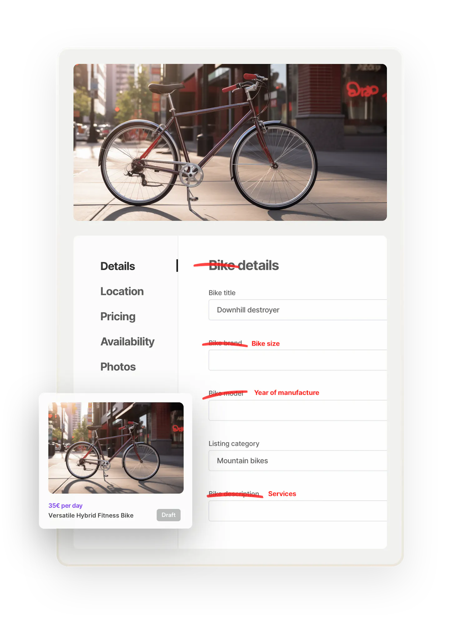 A city bike, basking in evening sunlight. Below the image, the listing creation page is opened on the Details tab. The old listing fields have been crossed over and replaced with new fields like bike size, year of manufacture, and services to show that the listing fields ar customizable. Overlaid on top is a search thumbnail for the completed listing.