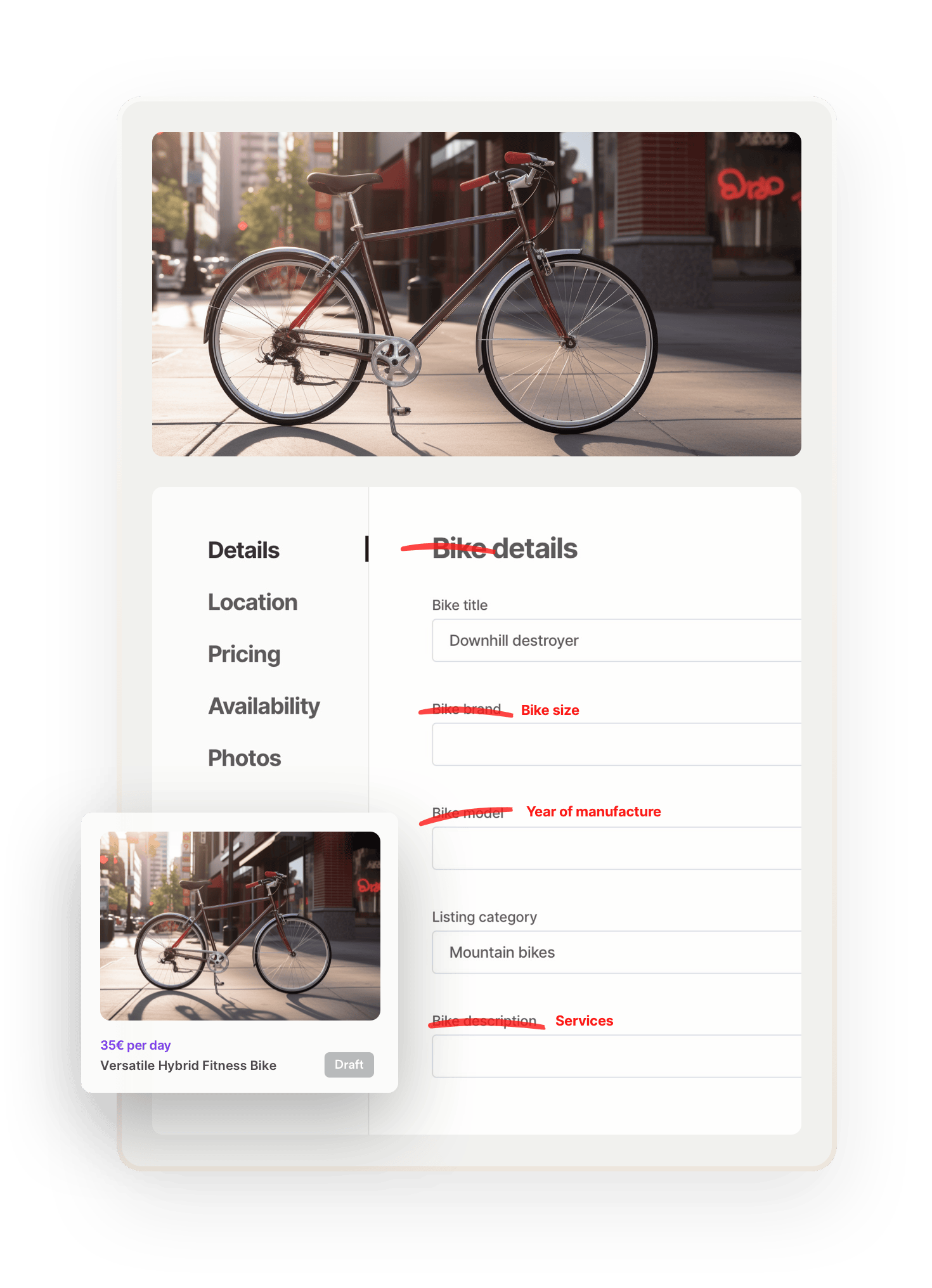 A city bike, basking in evening sunlight. Below the image, the listing creation page is opened on the Details tab. The old listing fields have been crossed over and replaced with new fields like bike size, year of manufacture, and services to show that the listing fields ar customizable. Overlaid on top is a search thumbnail for the completed listing.