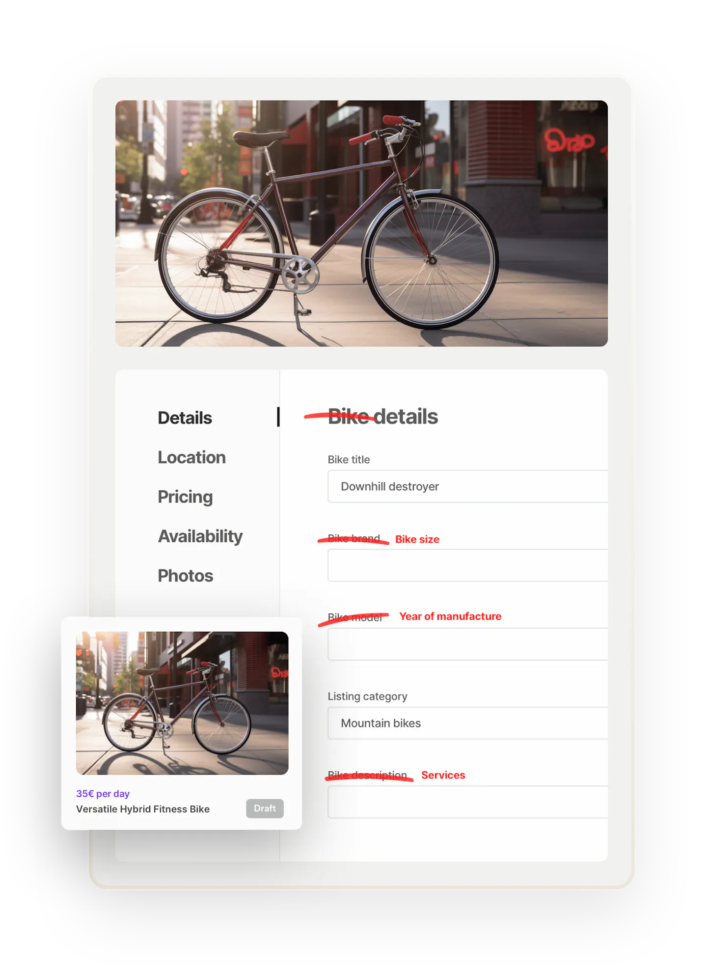 A city bike, basking in evening sunlight. Below the image, the listing creation page is opened on the Details tab. The old listing fields have been crossed over and replaced with new fields like bike size, year of manufacture, and services to show that the listing fields ar customizable. Overlaid on top is a search thumbnail for the completed listing.