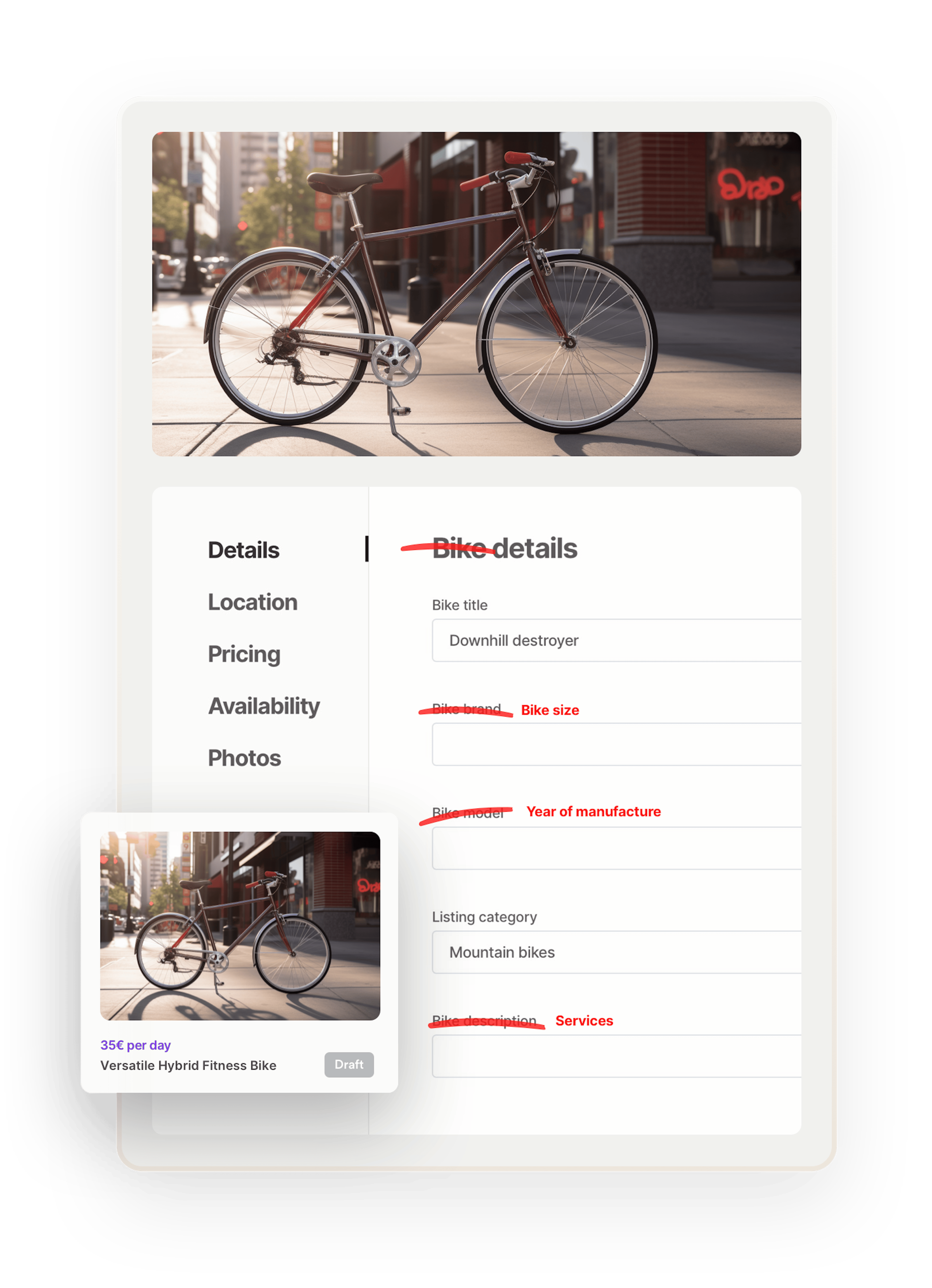 A city bike, basking in evening sunlight. Below the image, the listing creation page is opened on the Details tab. The old listing fields have been crossed over and replaced with new fields like bike size, year of manufacture, and services to show that the listing fields ar customizable. Overlaid on top is a search thumbnail for the completed listing.