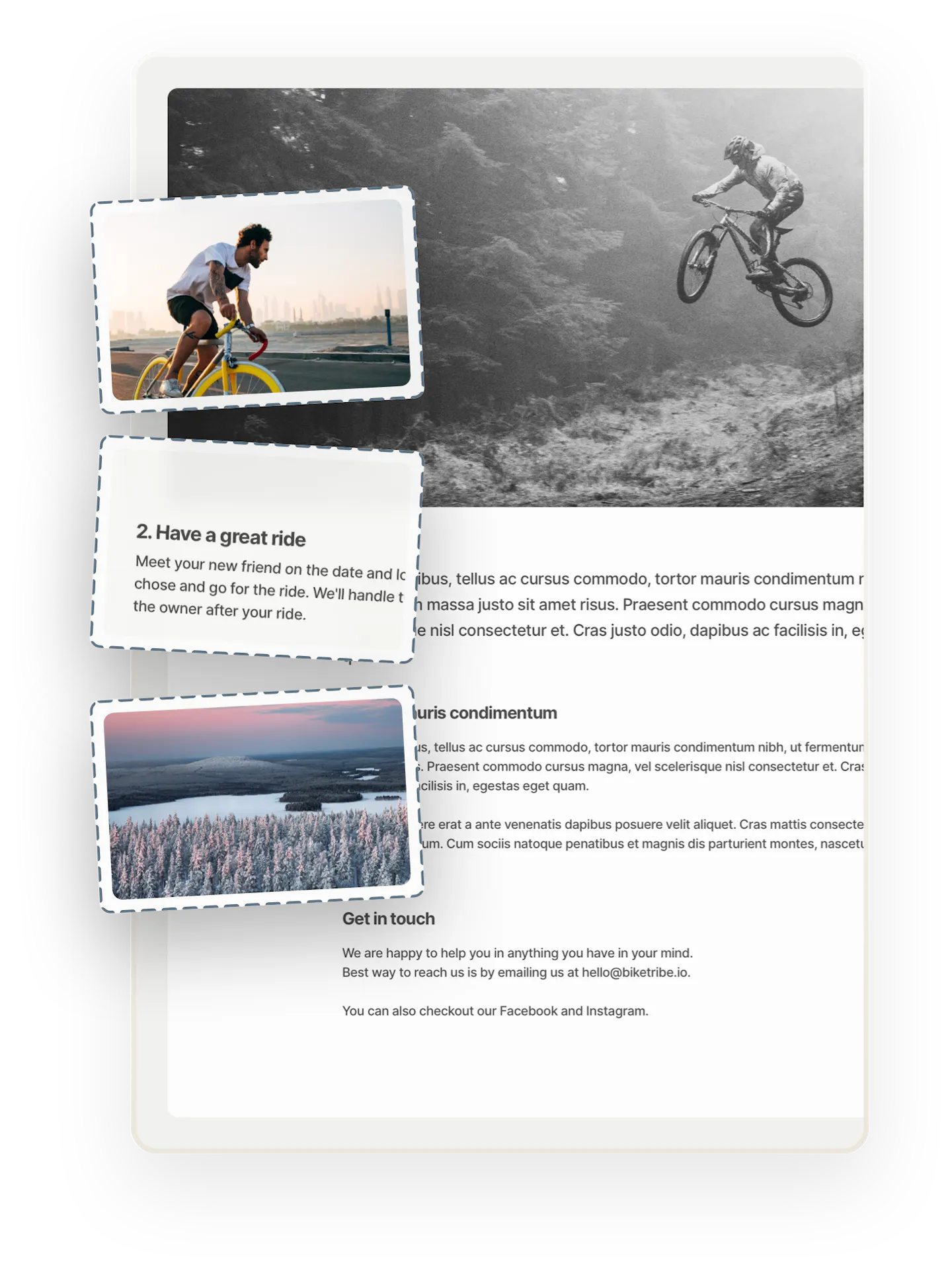 A marketplace sample page. On top, a black-and-white image of a mountain biker in air on a muddy forest road. Below, there's classic Lorem ipsum text. Two images and one text content example are overlaid on top.