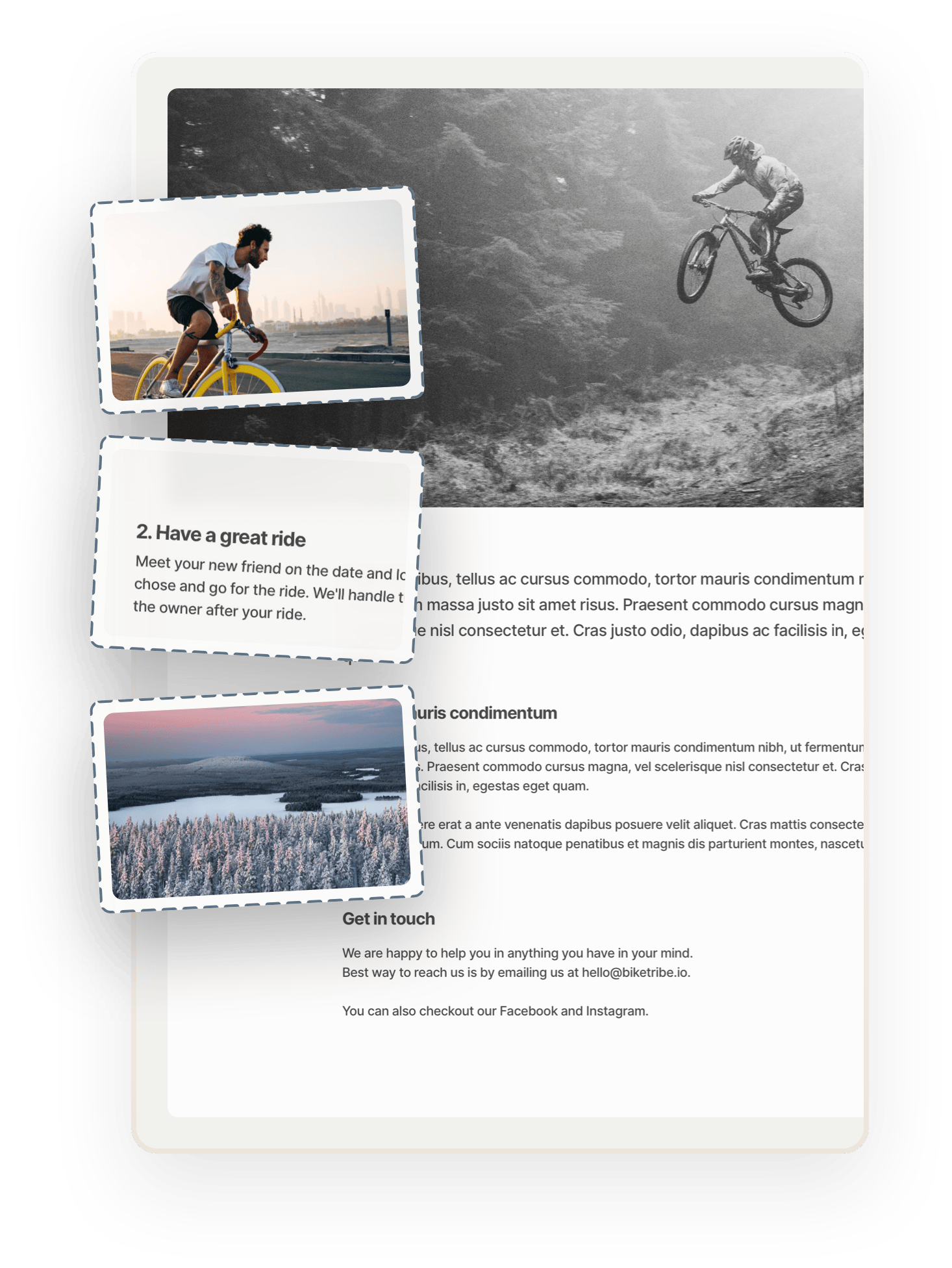 A marketplace sample page. On top, a black-and-white image of a mountain biker in air on a muddy forest road. Below, there's classic Lorem ipsum text. Two images and one text content example are overlaid on top.