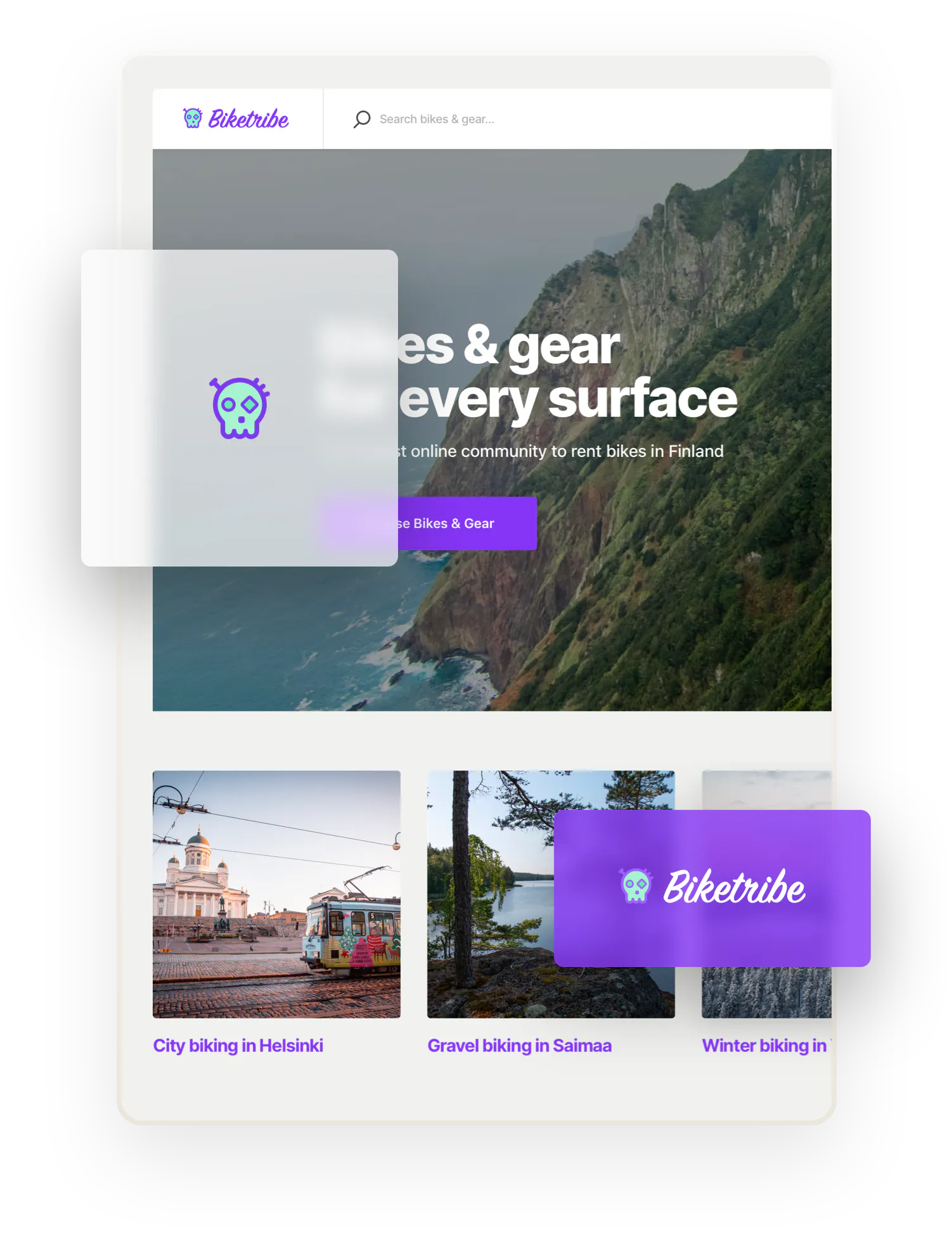 Partial picture of the landing page of an example Sharetribe marketplace Biketribe overlaid with two different, stylized skull logos.