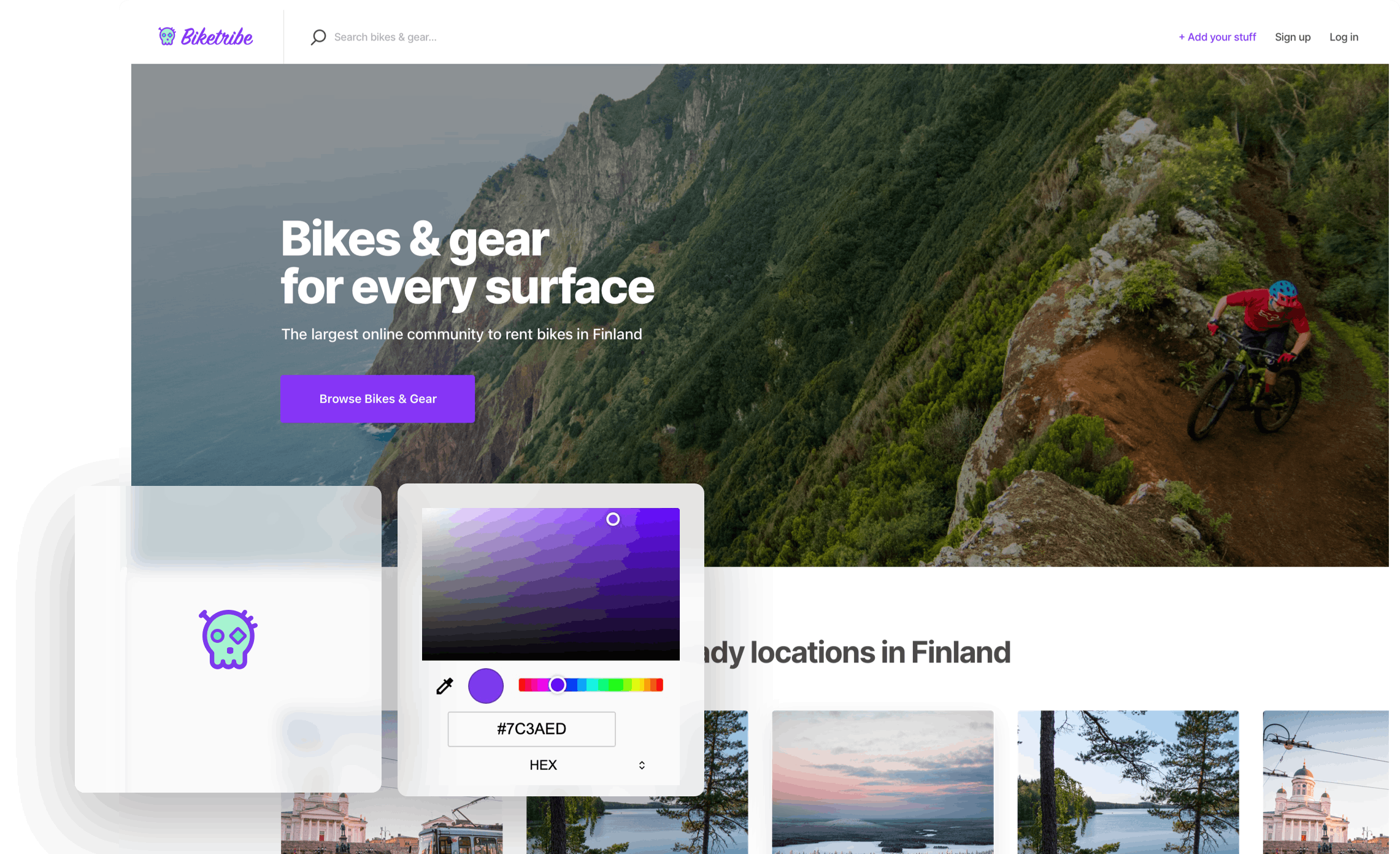 A landing page of a sample bike-rental marketplace. Overlaid on top is a box with the marketplace logo, a stylized skull, and a color picker.