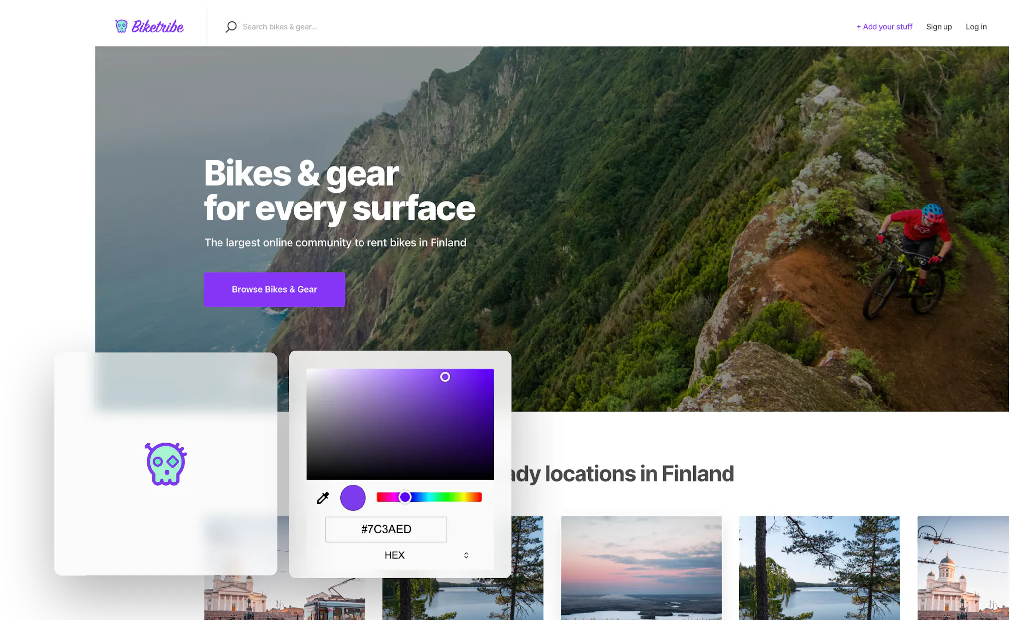 A landing page of a sample bike-rental marketplace. Overlaid on top is a box with the marketplace logo, a stylized skull, and a color picker.