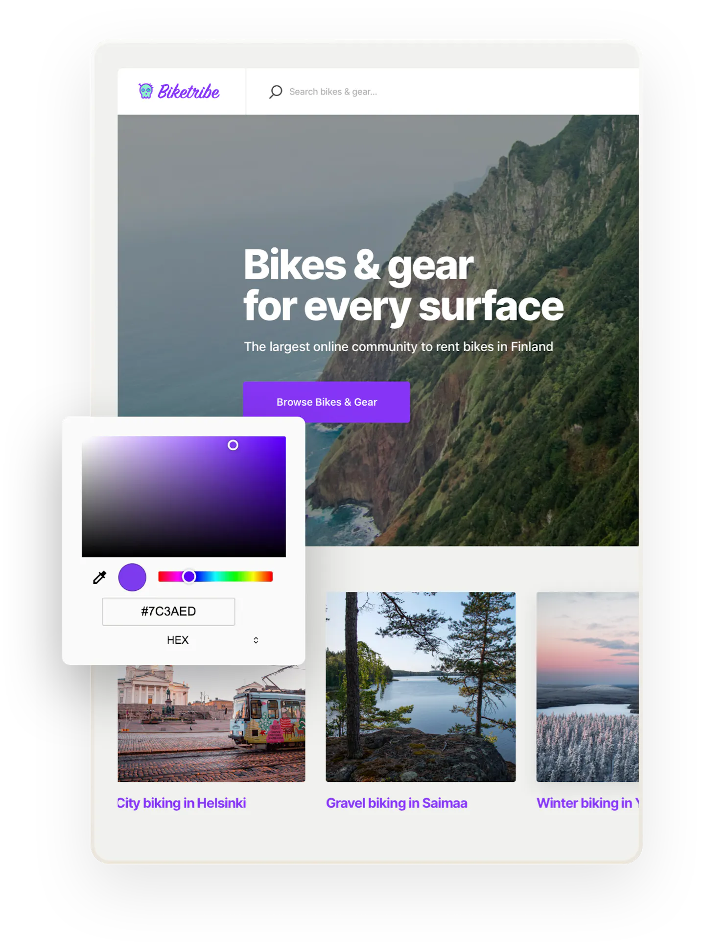 Partial picture of the landing page of an example Sharetribe marketplace Biketribe overlaid with a color picker.
