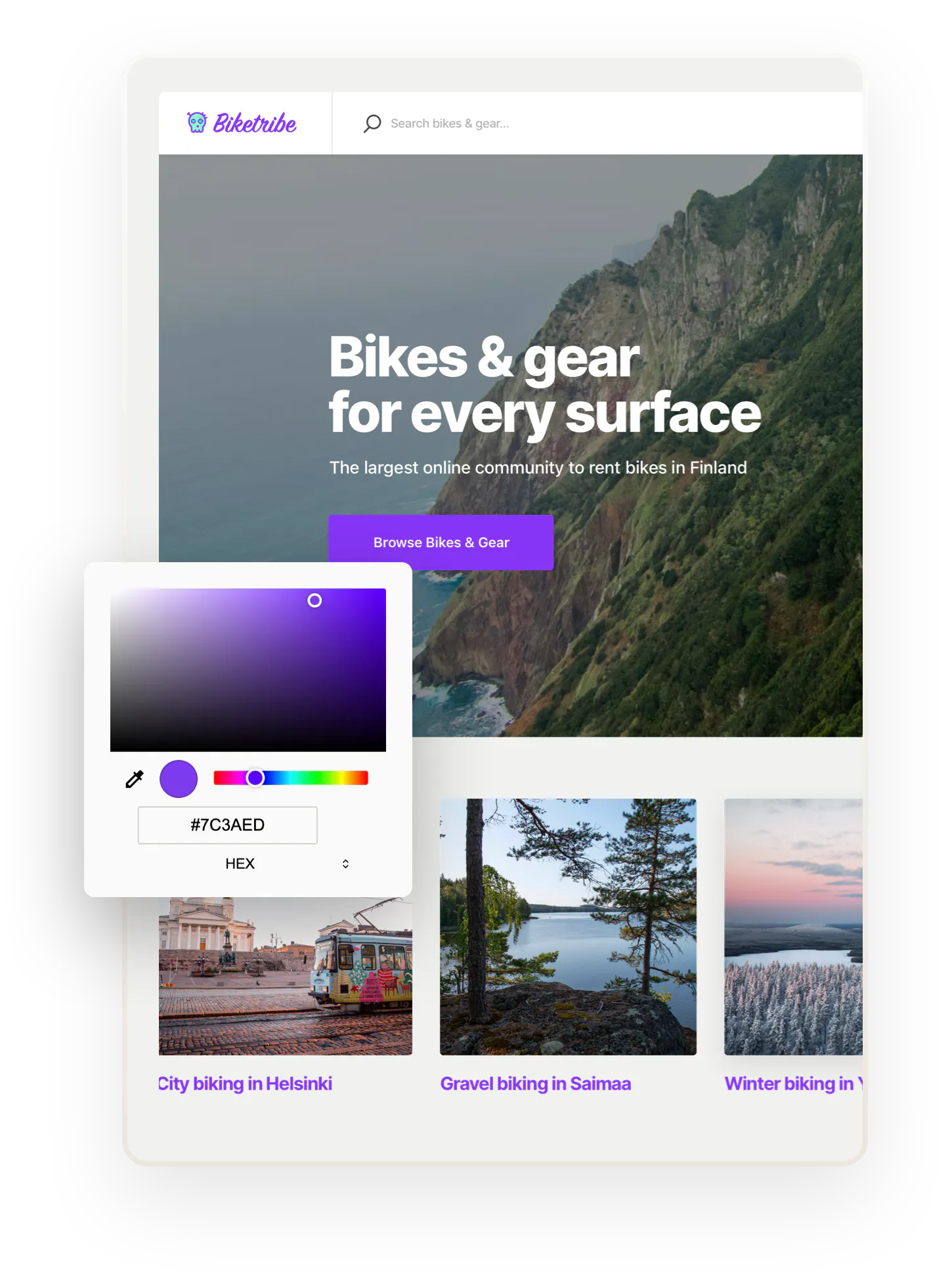 Partial picture of the landing page of an example Sharetribe marketplace Biketribe overlaid with a color picker.