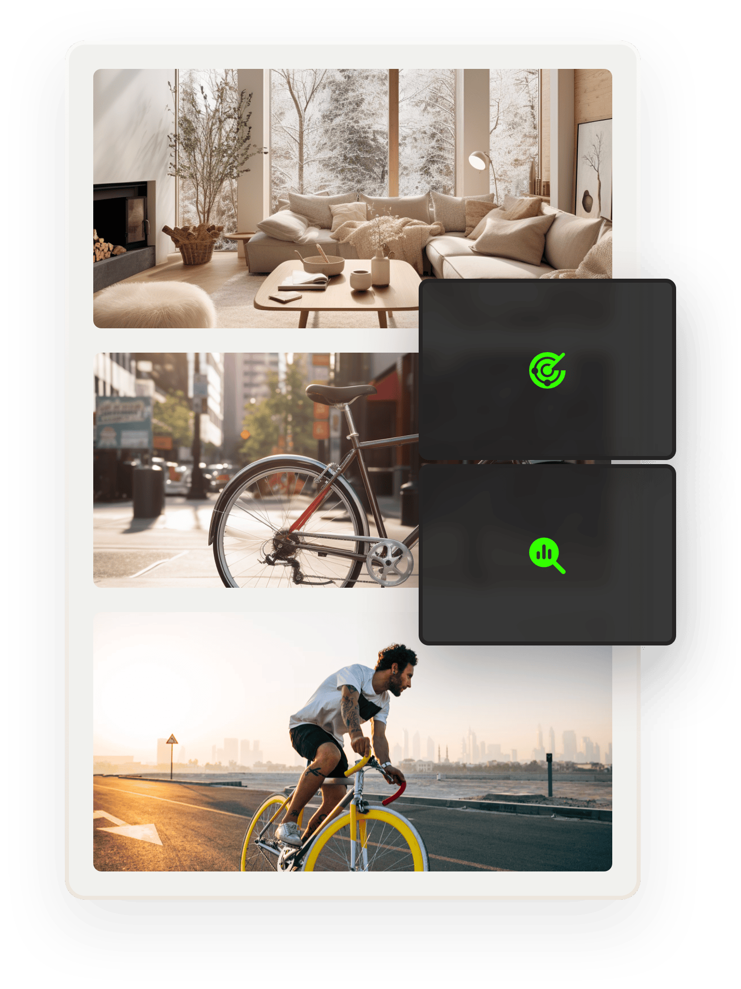 Images of a modern cottage, a city bike, and a sports bike are overlaid with two booking forms. Overlaid on top are icons representing performance and traffic spikes.