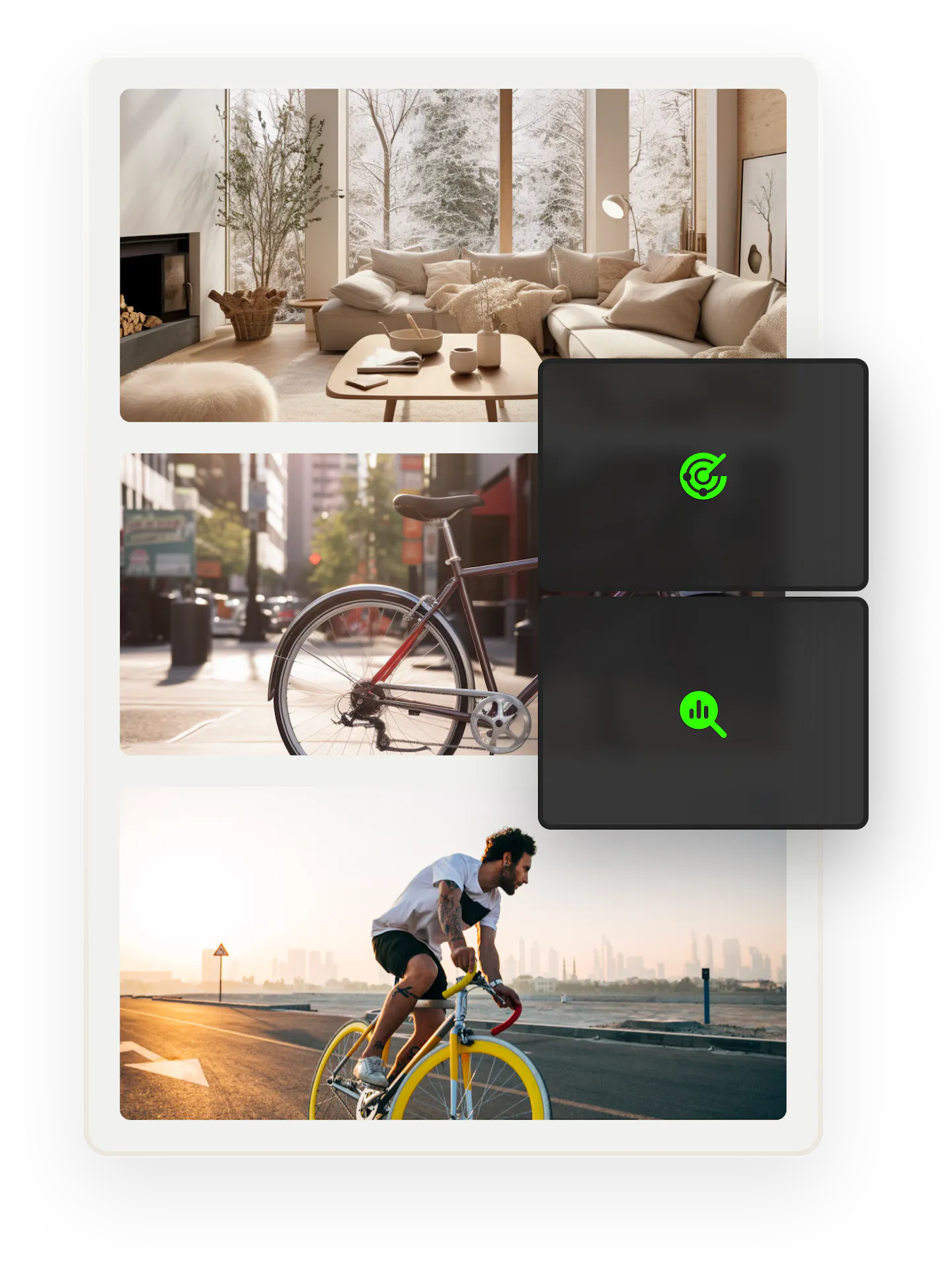 Images of a modern cottage, a city bike, and a sports bike. Overlaid on top are icons representing performance and traffic spikes.