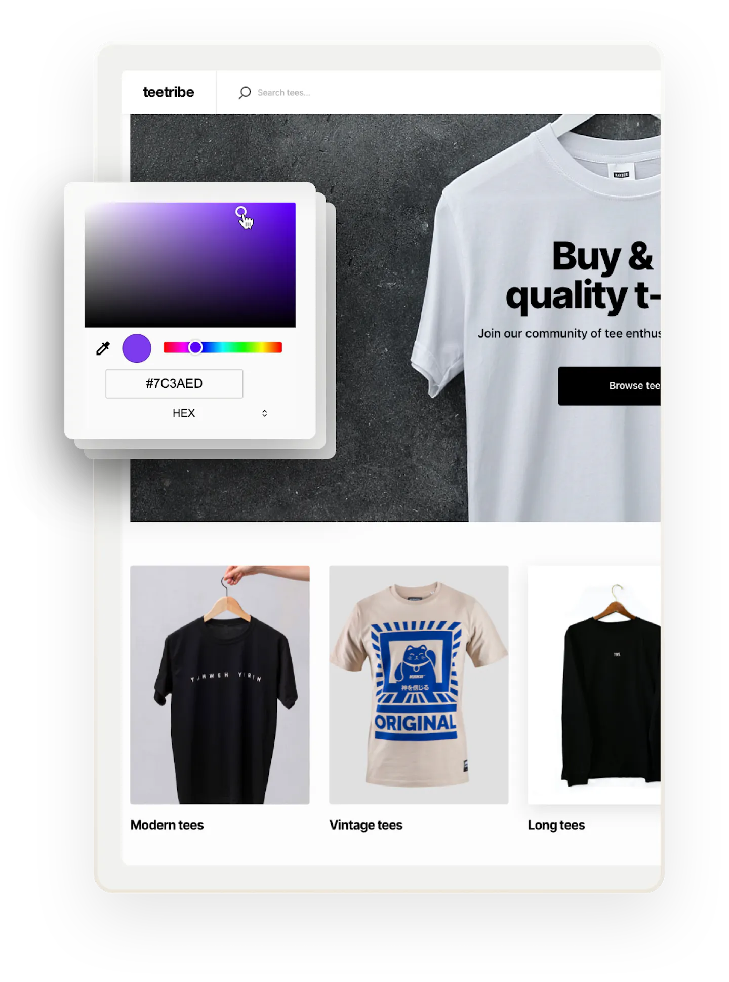 A snapshot of a landing page for Teetribe, a sample marketplace for selling t-shirts, featuring an image of a white t-shirt on a hanger. On top, there are multiple boxes overlaid. The one on top shows a color selector.