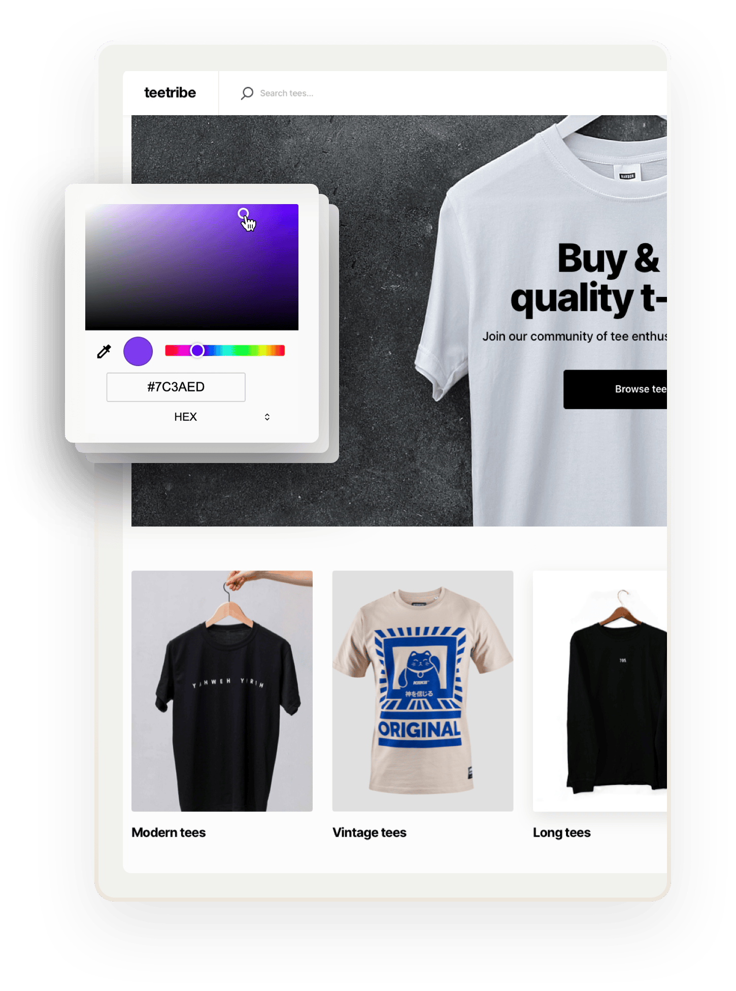 A snapshot of a landing page for Teetribe, a sample marketplace for selling t-shirts, featuring an image of a white t-shirt on a hanger. On top, there are multiple boxes overlaid. The one on top shows a color selector.