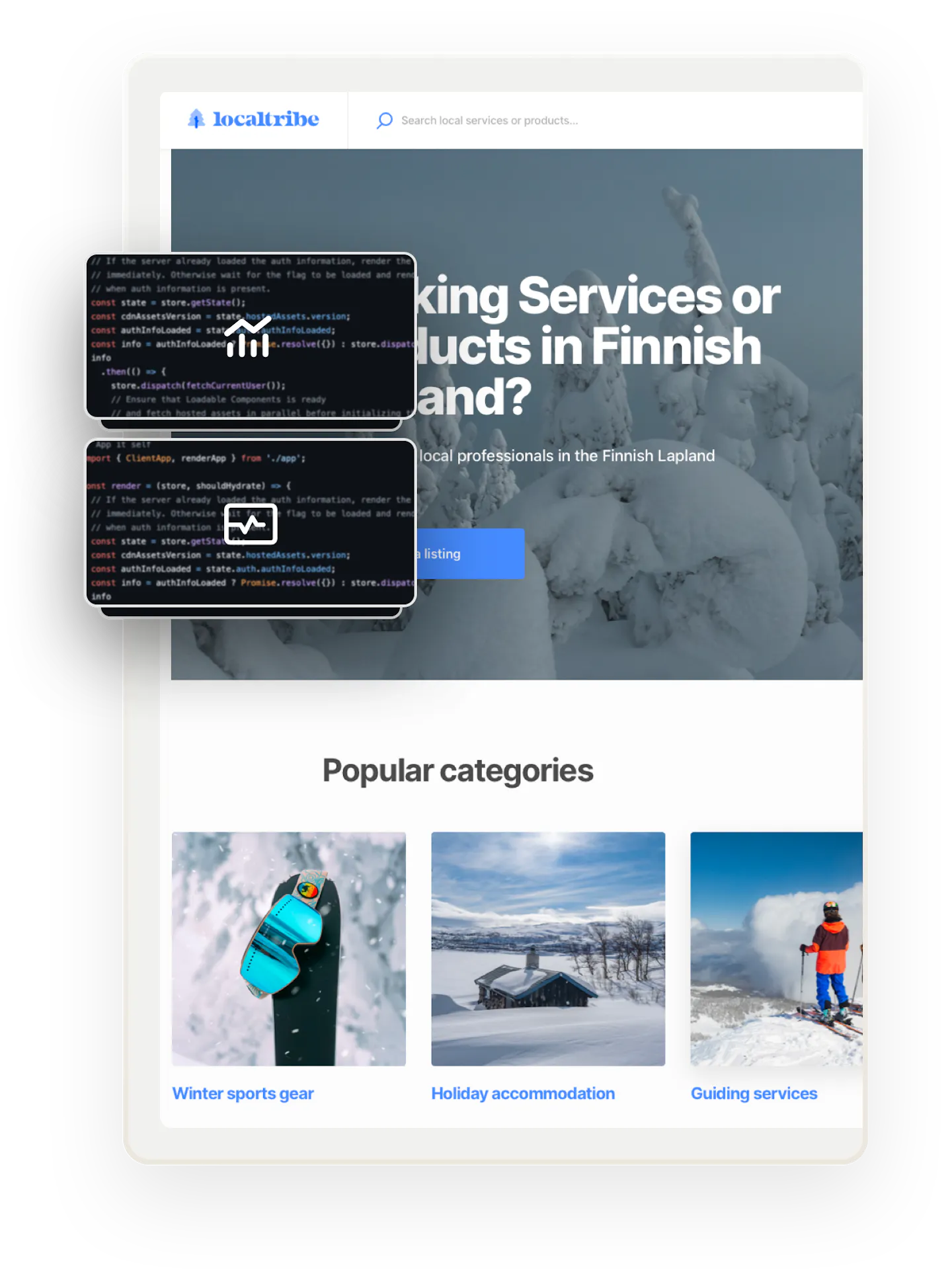 A snapshot of a landing page for Localtribe, a sample marketplace in Finnish Lapland. Overlaid on top are several boxes showing code. The two boxes on top show an analytics symbol and a status symbol, showing that these features can be added with coding.