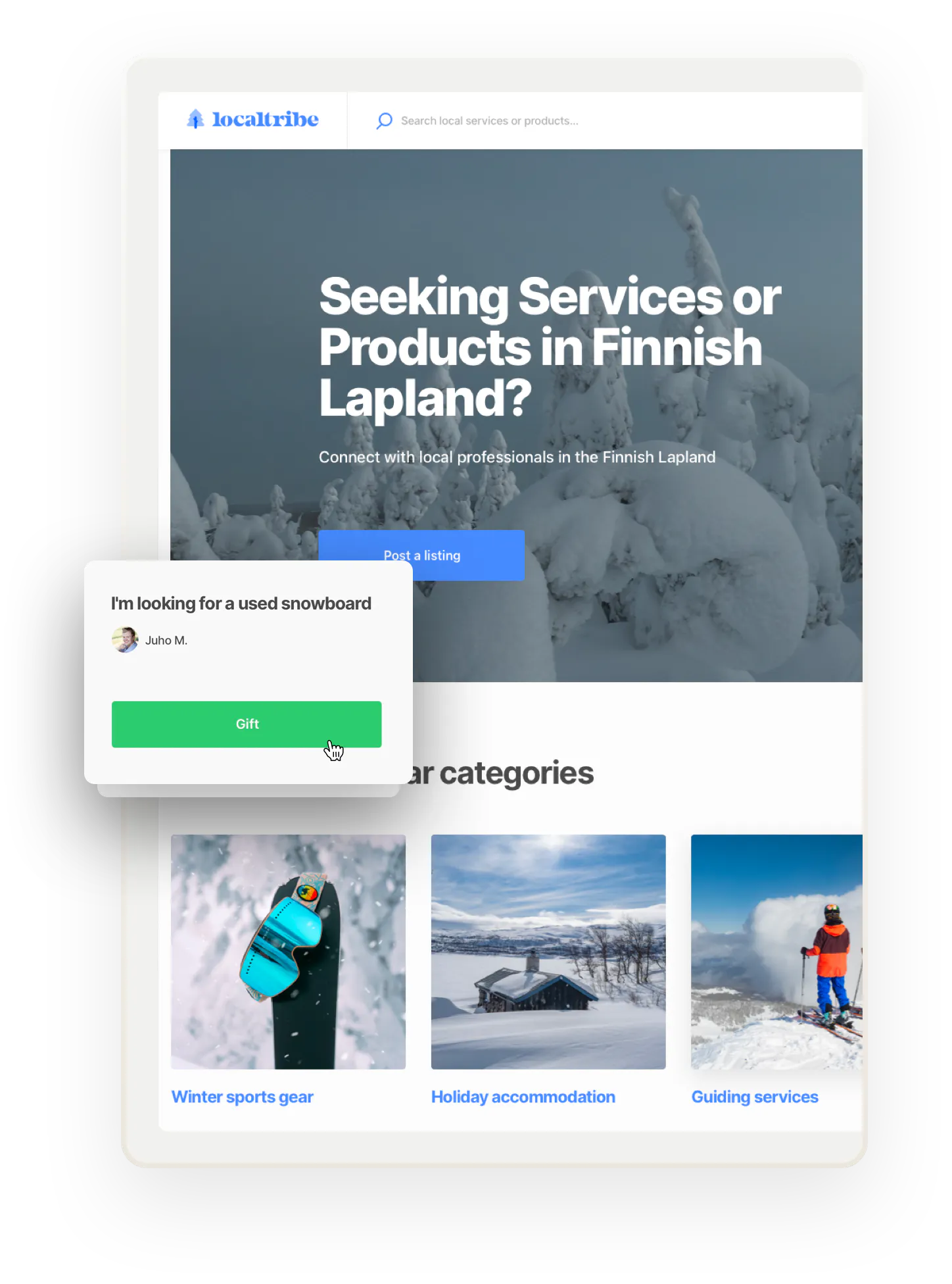 A snapshot of a landing page of a sample marketplace in Finnish Lapland. Overlaid is a listing of someone looking for a snowboard with the option to gift one.