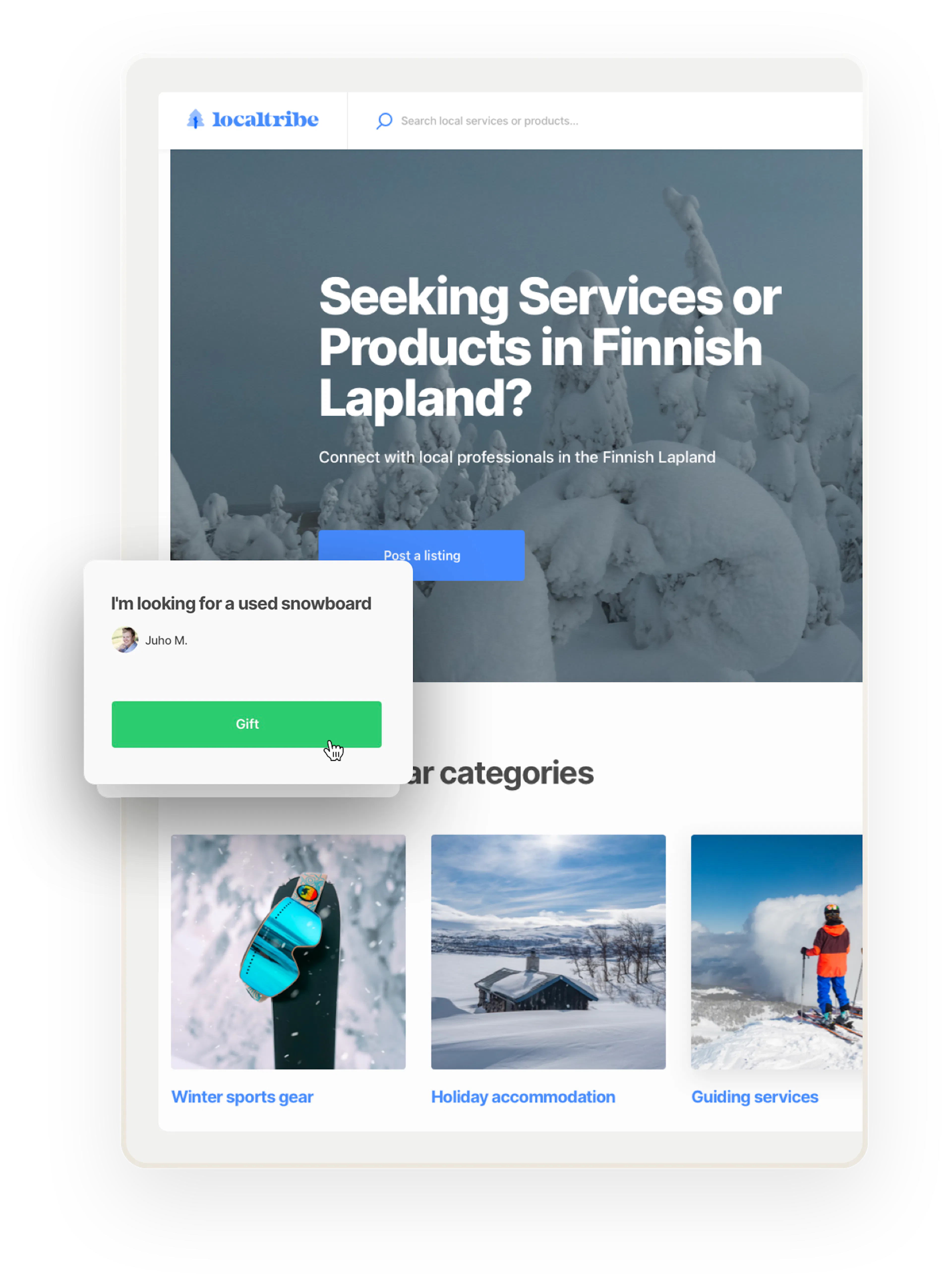 A snapshot of a landing page of a sample marketplace in Finnish Lapland. Overlaid is a listing of someone looking for a snowboard with the option to gift one.