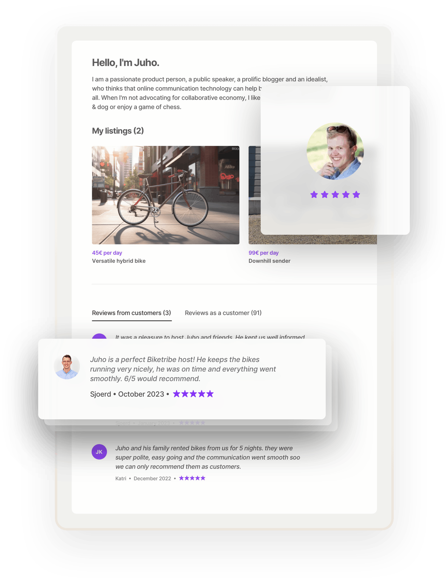 A sample page for a bike renter, Juho. The page shows reviews Juho has received from customers. A glowing review from Sjoerd is highlighted in an overlaid box.