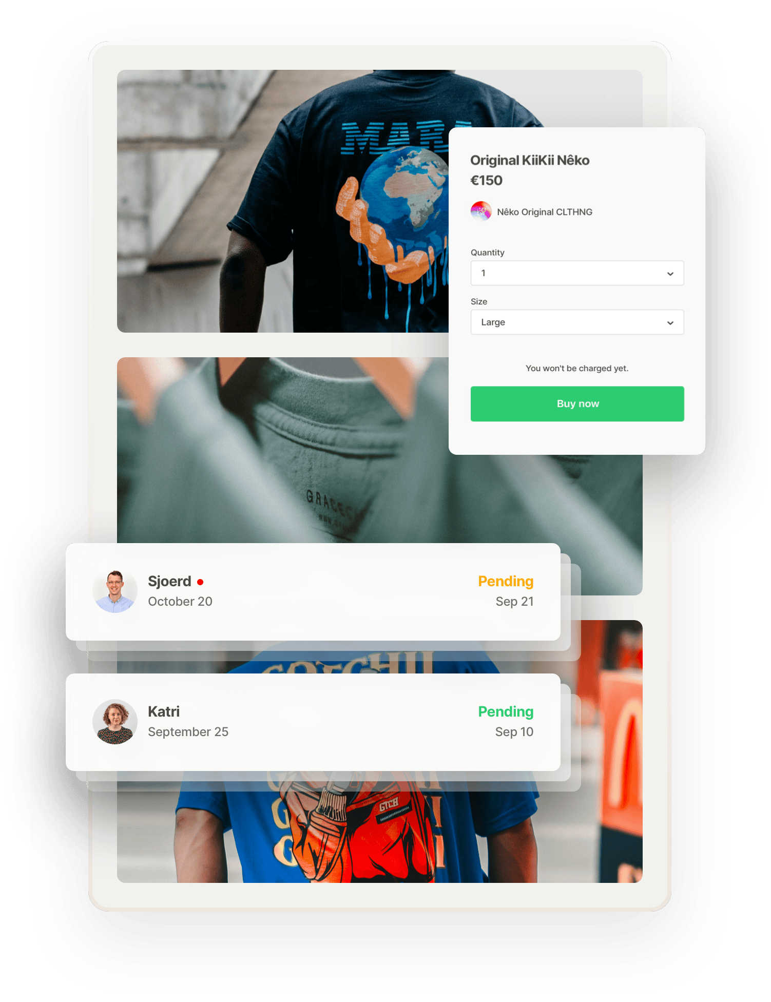 In the background, images of two people wearing print t-shirts, photographed from the back, and three green shirts on hangers. Two inbox banners overlaid in boxes on top show messages from prospective buyers.