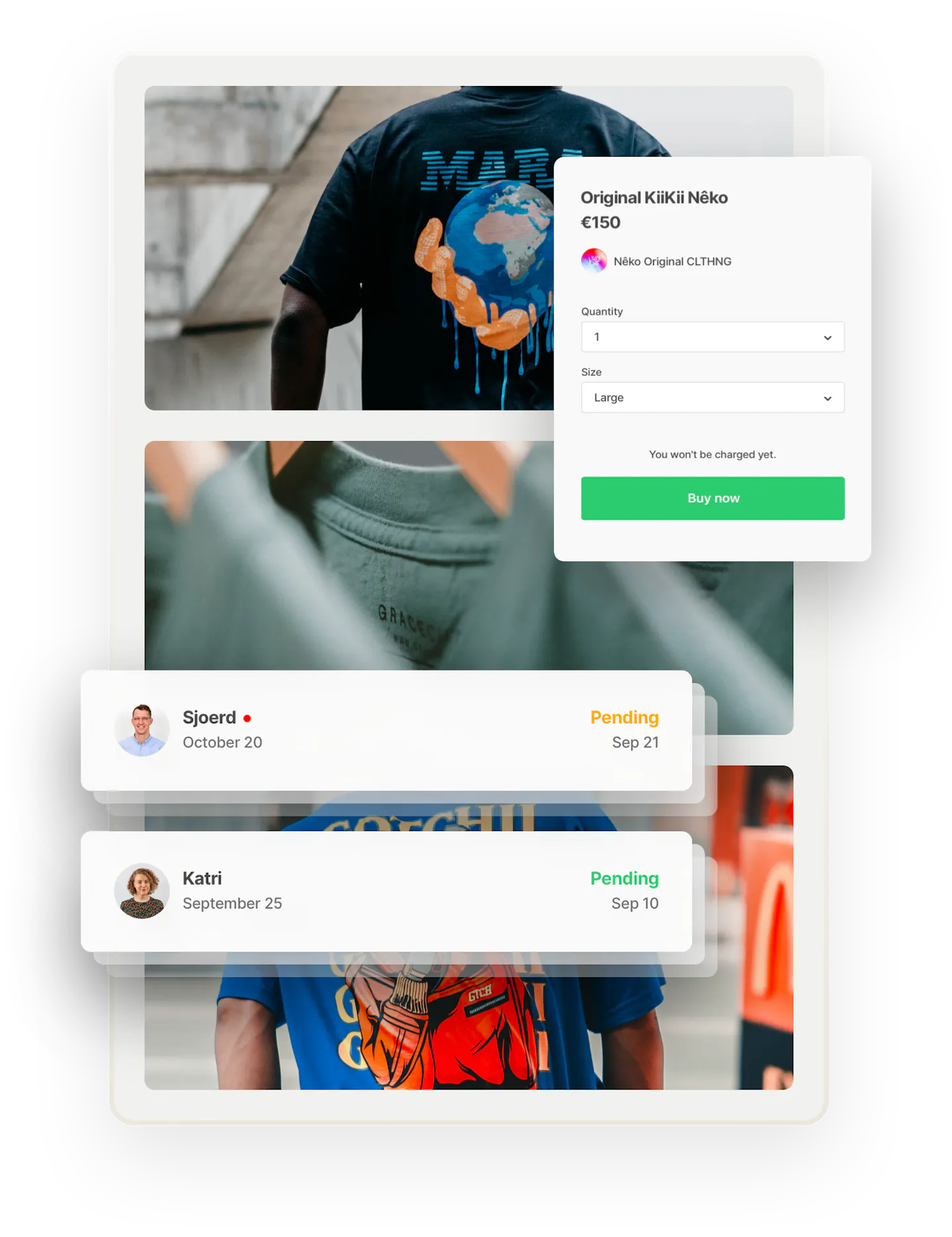 In the background, images of two people wearing print t-shirts, photographed from the back, and three green shirts on hangers. Two inbox banners overlaid in boxes on top show messages from prospective buyers. 