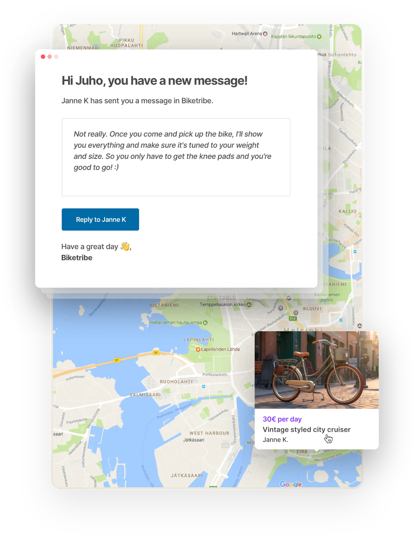 Marketplace email notifications. A box with an email notification to Juho, a bike owner, overlaid on top of a map and a listing bubble. The email shows Janne's message from the marketplace and has a call-to-action button to answer the message.