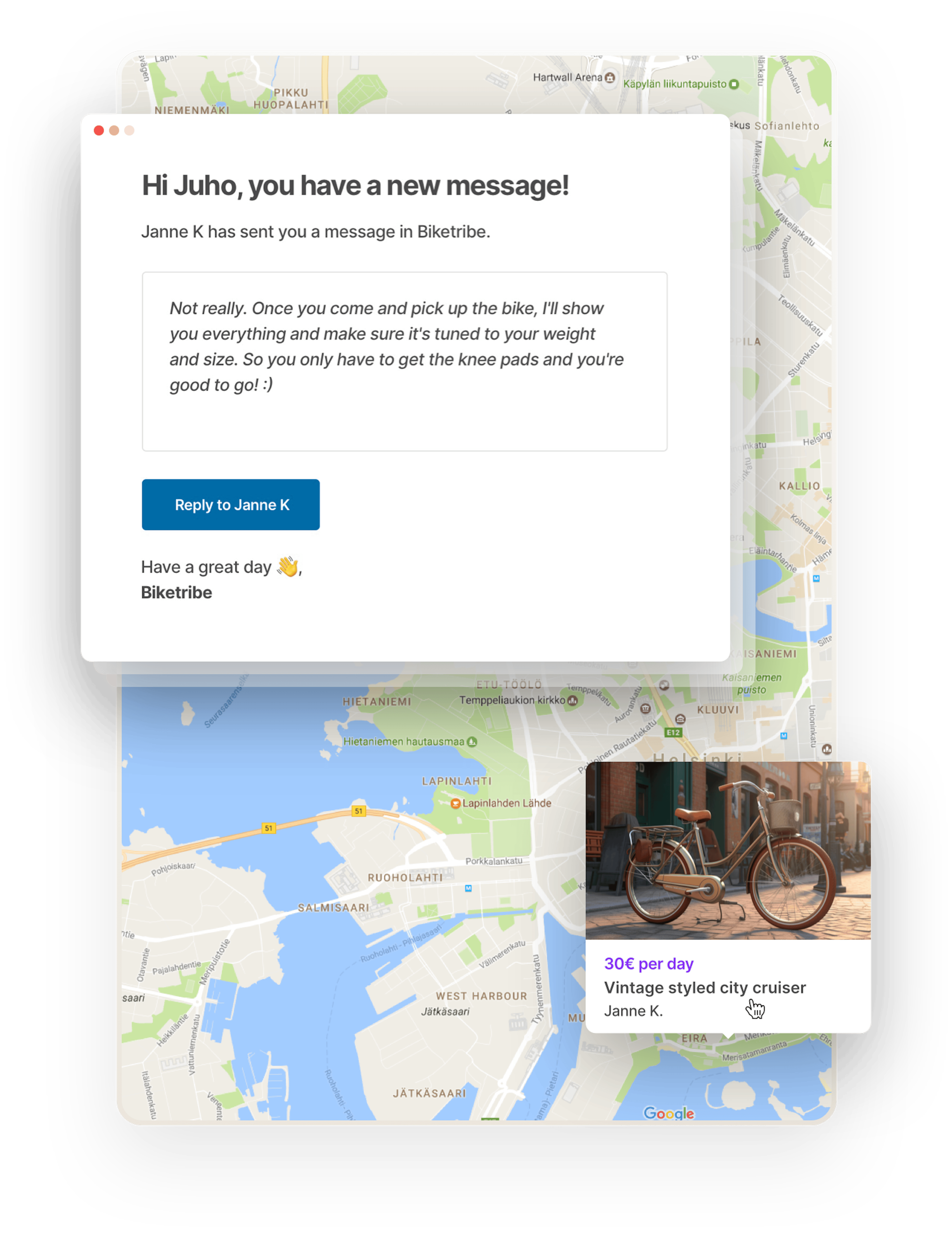 Marketplace email notifications. A box with an email notification to Juho, a bike owner, overlaid on top of a map and a listing bubble. The email shows Janne's message from the marketplace and has a call-to-action button to answer the message.