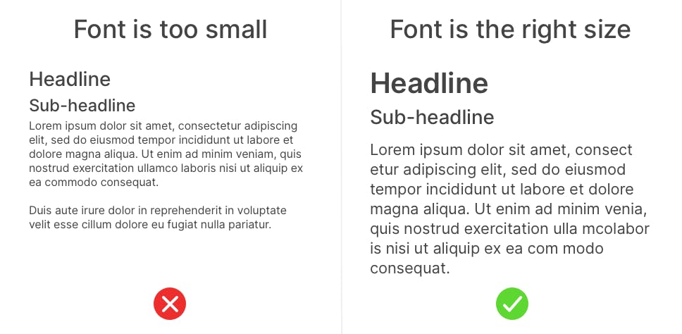 Design example for font size. Two blocks of text with headlines, one on the left showing a too-small font size, one on the right with a good font size.