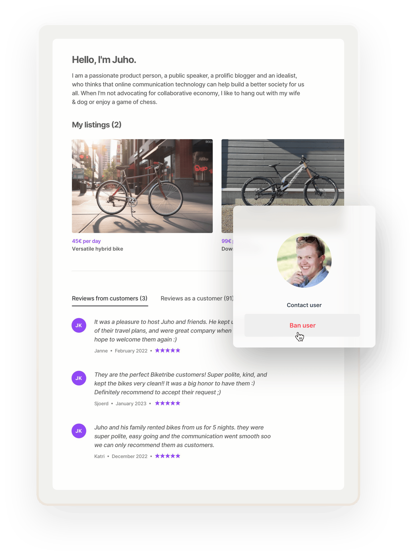 A sample page for a marketplace user called Juho. Under Juho's image, there are two options: to contact or ban the user. The marketplace operator is about to ban the user, but it might be smarter to contact them first. Juho's page shows some great reviews.