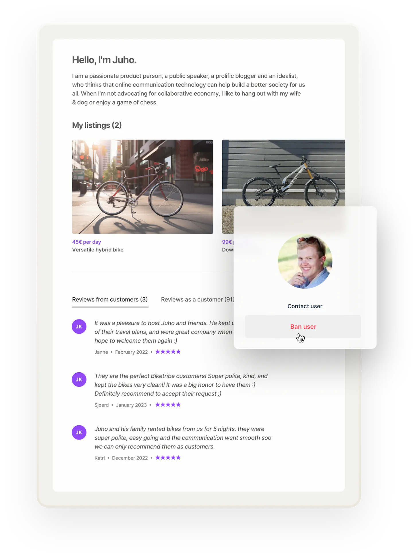 A sample page for a marketplace user called Juho. Under Juho's image, there are two options: to contact or ban the user. The marketplace operator is about to ban the user, but it might be smarter to contact them first. Juho's page shows some great reviews.