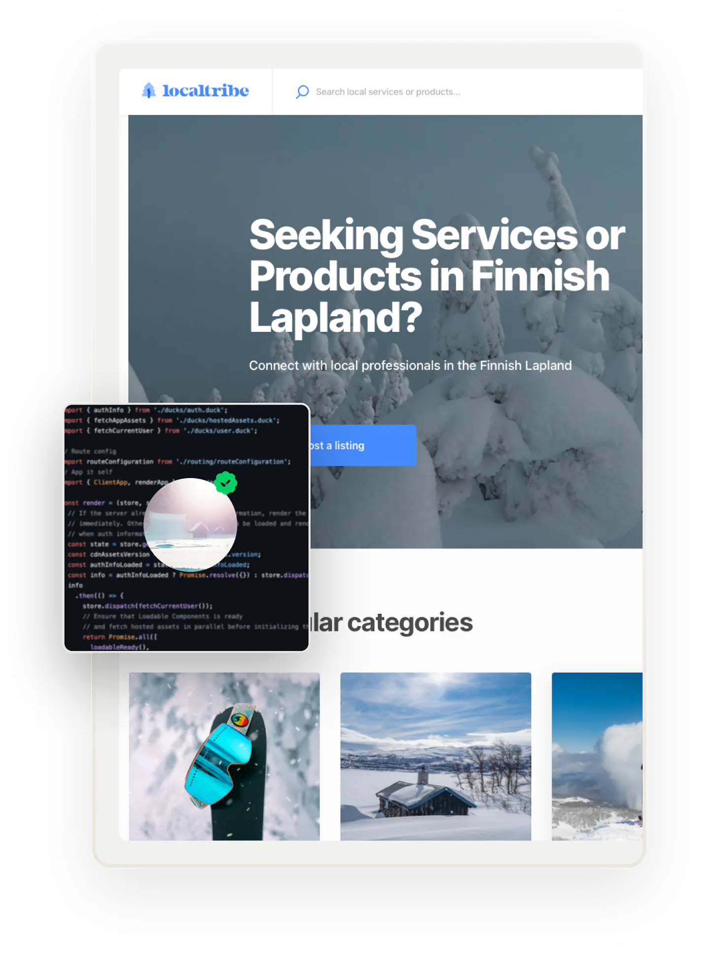 A snapshot of a landing page for Localtribe, a sample marketplace in Finnish Lapland. Overlaid on top is a box with code and a logo for a tour provider with a verification tick.